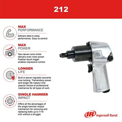 Ingersoll Rand 212 3/8” Drive Air Impact Wrench, Super Duty, 180 Max Torque Output, 13000 RPM, New 7 Vane Motor, Built-In Power Regulator - Image 3