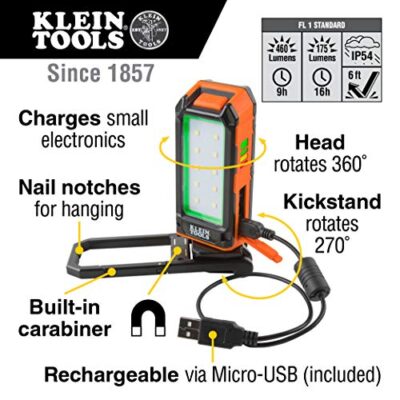 Klein Tools 56403 LED Light, Rechargeable Flashlight / Worklight with Kickstand and Carabiner, Charges Small Electronics, for Work, Camping - Image 3
