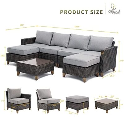 Grand patio Sofa Sets Outdoor Furniture Sets, PE Wicker Patio Furniture Sectional Sofa with Thick Olefin Cushions for Yard Garden Porch(Brown Sofa Set for Six, 7 PCS) - Image 3