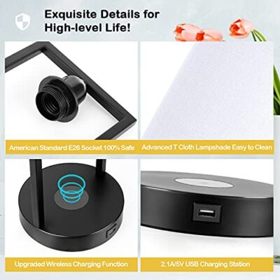 TOBUSA Wireless Charging Touch Control Dimmable Table Lamp with USB Charging Port, Set of 2 Bedside Nightstand Lamps White Fabric, Modern Desk Lamp for Bedroom Living Room Office, Bulbs Included - Image 7