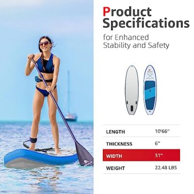 Abahub Inflatable SUP, Wide 10'6" x 31" x 6" iSUP, Standup Paddleboard with Adjustable Carbon Fiber Paddle, Kayak Seat, for Yoga, Paddle Board, Kayaking, Surf, Canoe, Fishing(Blue 31“) - Image 7