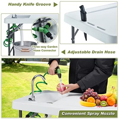 Avocahom Folding Fish Cleaning Table Portable Camping Sink with Faucet Drainage Hose & Sprayer Outdoor Fillet Station Grid Rack Knife Groove for Picnic Fishing, Black - Image 5
