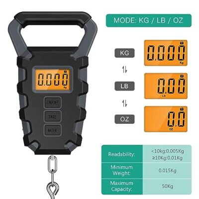 ORIA Digital Fishing Scale, （Upgraded）Fishing Postal Hanging Hook Scale, 110lb/50kg Waterproof Luggage Scale with Tape Measure, Digital Fishing Scale with Fish Gripper, Backlit LCD Display, Grey - Image 3