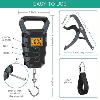 ORIA Digital Fishing Scale, （Upgraded）Fishing Postal Hanging Hook Scale, 110lb/50kg Waterproof Luggage Scale with Tape Measure, Digital Fishing Scale with Fish Gripper, Backlit LCD Display, Grey - Image 5