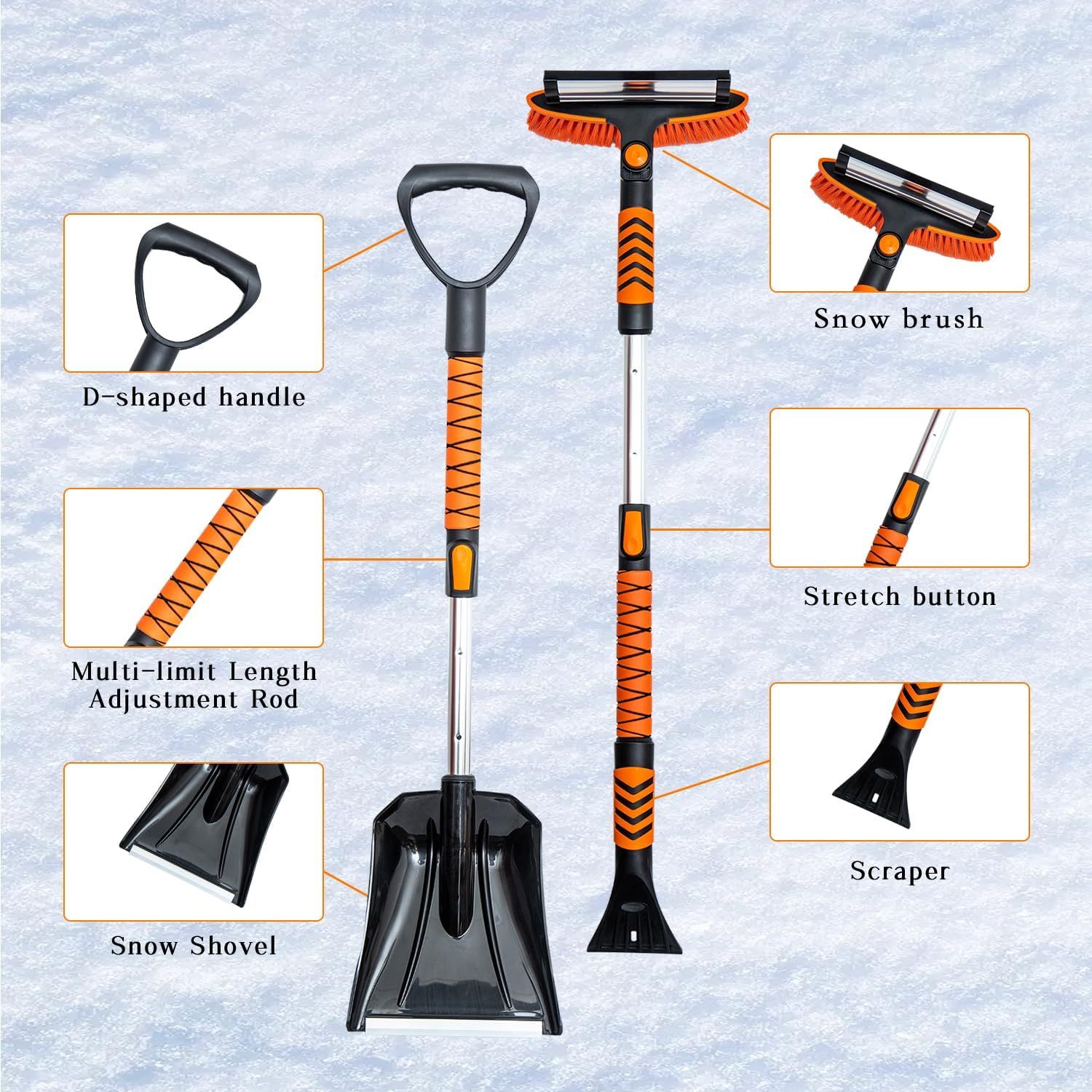 Vivicreate Extendable Snow Brush for Car Emergency, Ice Scrapers for Car Windshield Combo Kit with 270° Pivoting Head, 5-in-1 Snow Removal Tool with Snow Shovel Snow Scraper for Car, Truck, SUV, Winter Car Kit,Car Emergency