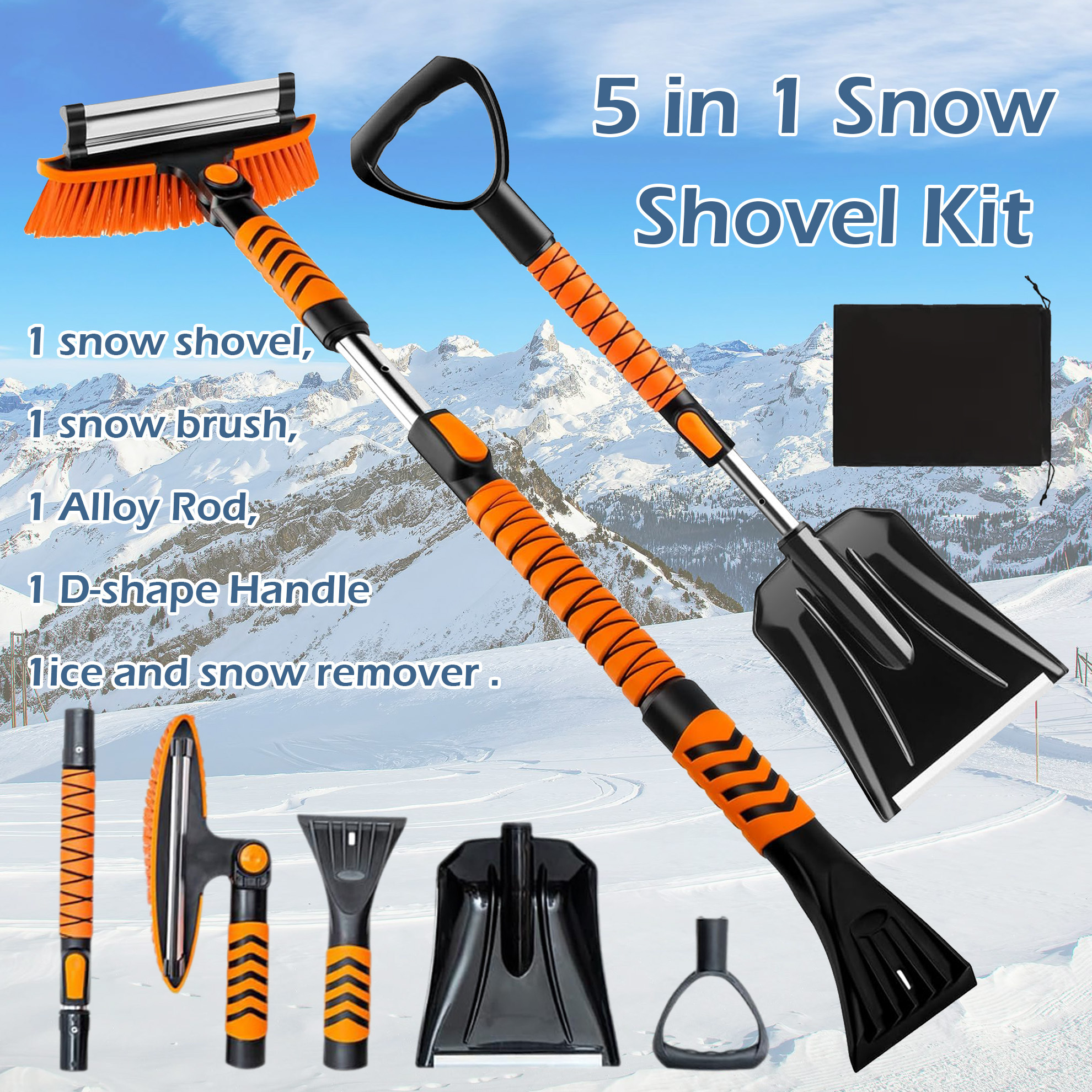 Vivicreate Extendable Snow Brush for Car Emergency, Ice Scrapers for Car Windshield Combo Kit with 270° Pivoting Head, 5-in-1 Snow Removal Tool with Snow Shovel Snow Scraper for Car, Truck, SUV, Winter Car Kit，Car Emergency