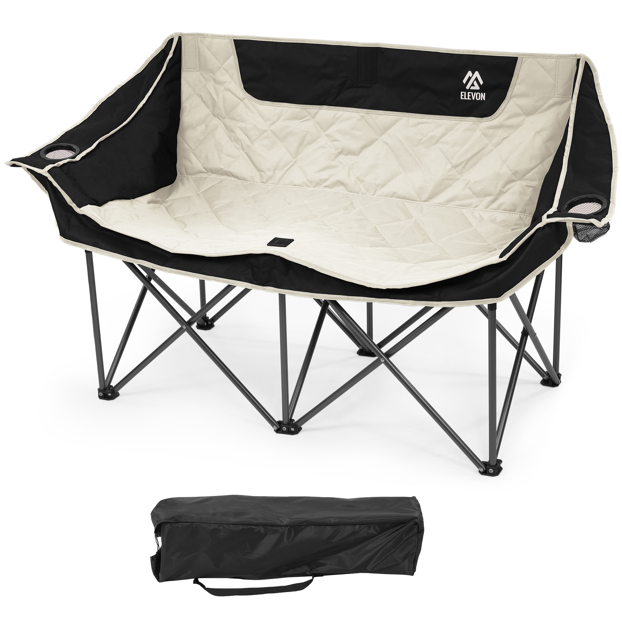 Camping Chair, Oversized Double 2 Person Outdoor Chair with Yard Firm Arms, Cup Holder and Carry Bag, Heavy-Duty Collapsible Chair for Outside,Black/White