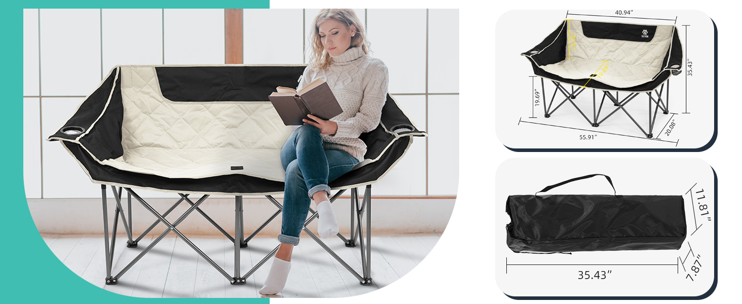 Elevon Camping Chair, Oversized Double 2 Person Outdoor Chair with Arms, Cup Holder and Carry Bag, Heavy-Duty Collapsible Chair for Outside,Black/White