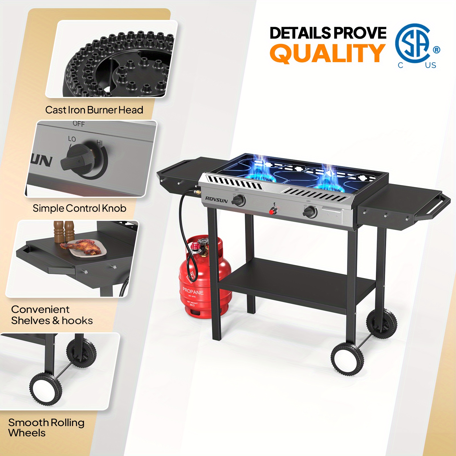 Outdoor dual-burner barbecue grill, outdoor grill, 150, 000 BTU powerful automatic ignition regulator, side-stand vertical stove, backyard terrace barbecue, home cooking, brewing, fried Turkey