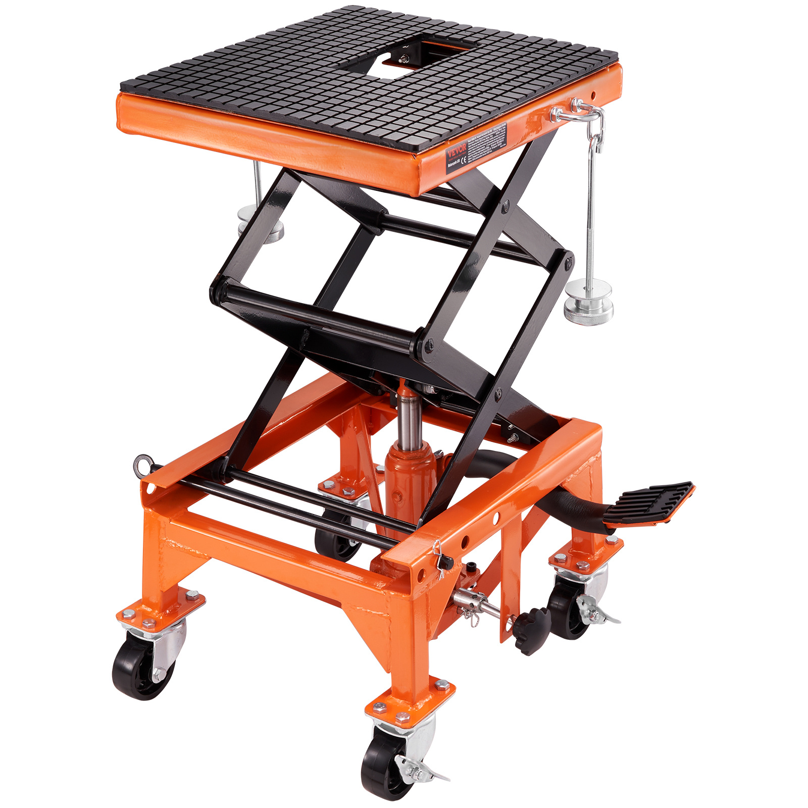 Hydraulic Motorcycle Lift Table, 350 LBS Capacity Motorcycle Scissor Jack Lift with Wide Deck, J-hooks, 4 Wheels, Yard Firm Hydraulic Foot-Operated Jack Stand for ATV Dirt Bikes