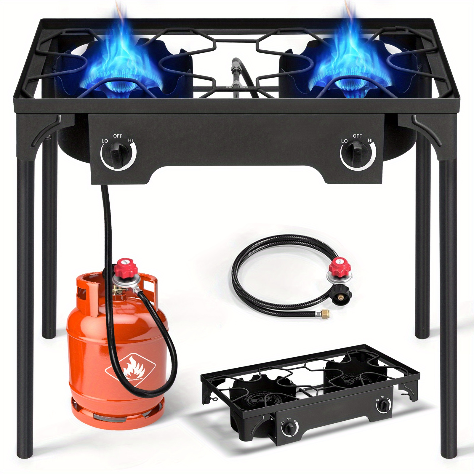 2 Burner Outdoor Propane Gas Stove 150, 000 BTU High Pressure Stand Cooker for Backyard Cooking Camping Home Brewing Canning Turkey Frying, 20 PSI Regulator