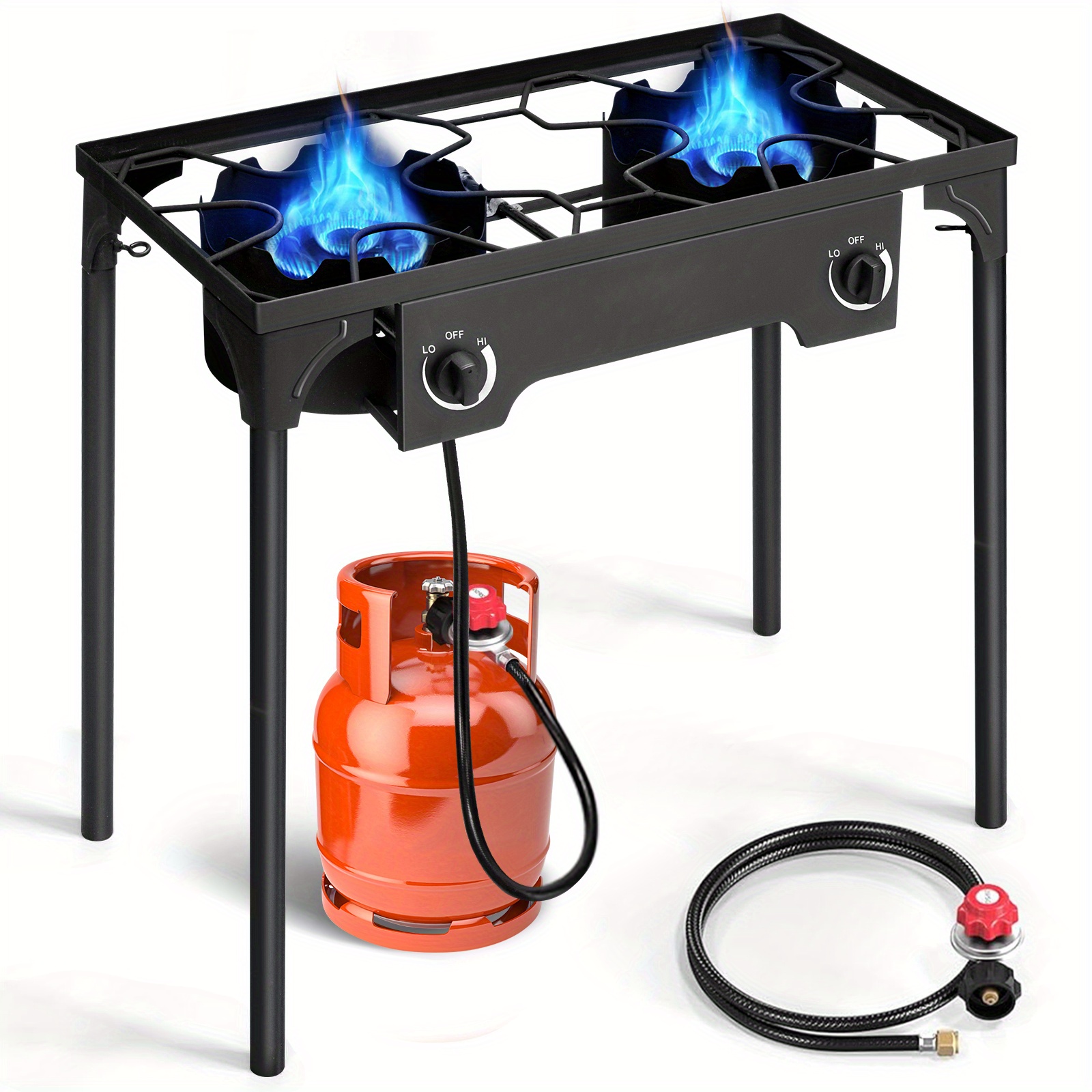 2 Burner Outdoor Propane Gas Stove 150, 000 BTU High Pressure Stand Cooker for Backyard Cooking Camping Home Brewing Canning Turkey Frying, 20 PSI Regulator