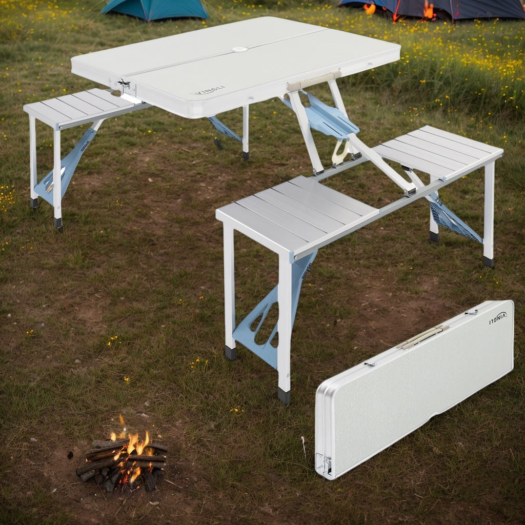 4 Ft Folding Camping Table with 4 Seats Umbrella Hole, Yard Firm Lightweight Aluminum Frame Plastic Top for Picnic BBQ Travel Outdoor 220 Lbs Support
