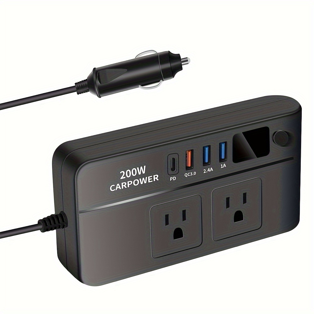 1pc 200W Car Inverter DC 12V To 110V AC Power Inverters For Vehicles With PD 20W USB-C, Dual USB Ports And QC3. 0 Fast Charging Ports Car Charger Adapter And With Cigarette Lighter Hole