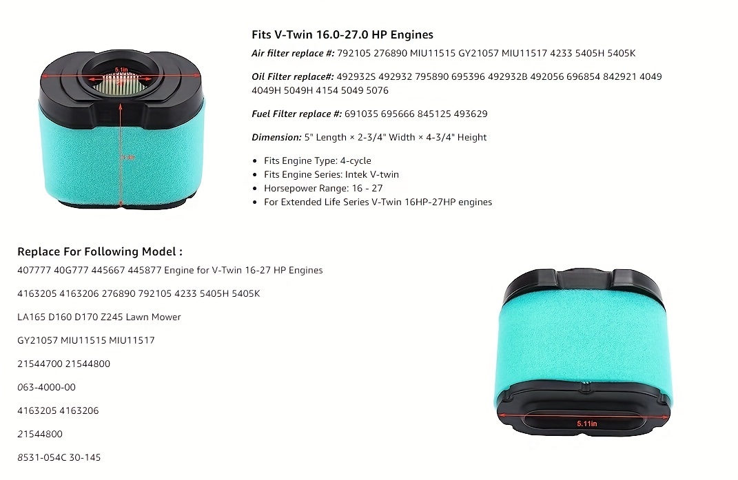 TOPPARK Air Filter and Oil Filter Kit for Briggs & Stratton Extended Life Series Engines, Gasoline-Powered Trapezoidal Replacement Part, Compatible with LA165 D160 D170 Z245 Lawn Mowers - Includes Air Filter #792105 and Oil Filters #696854, #492932S, #492932, #795890