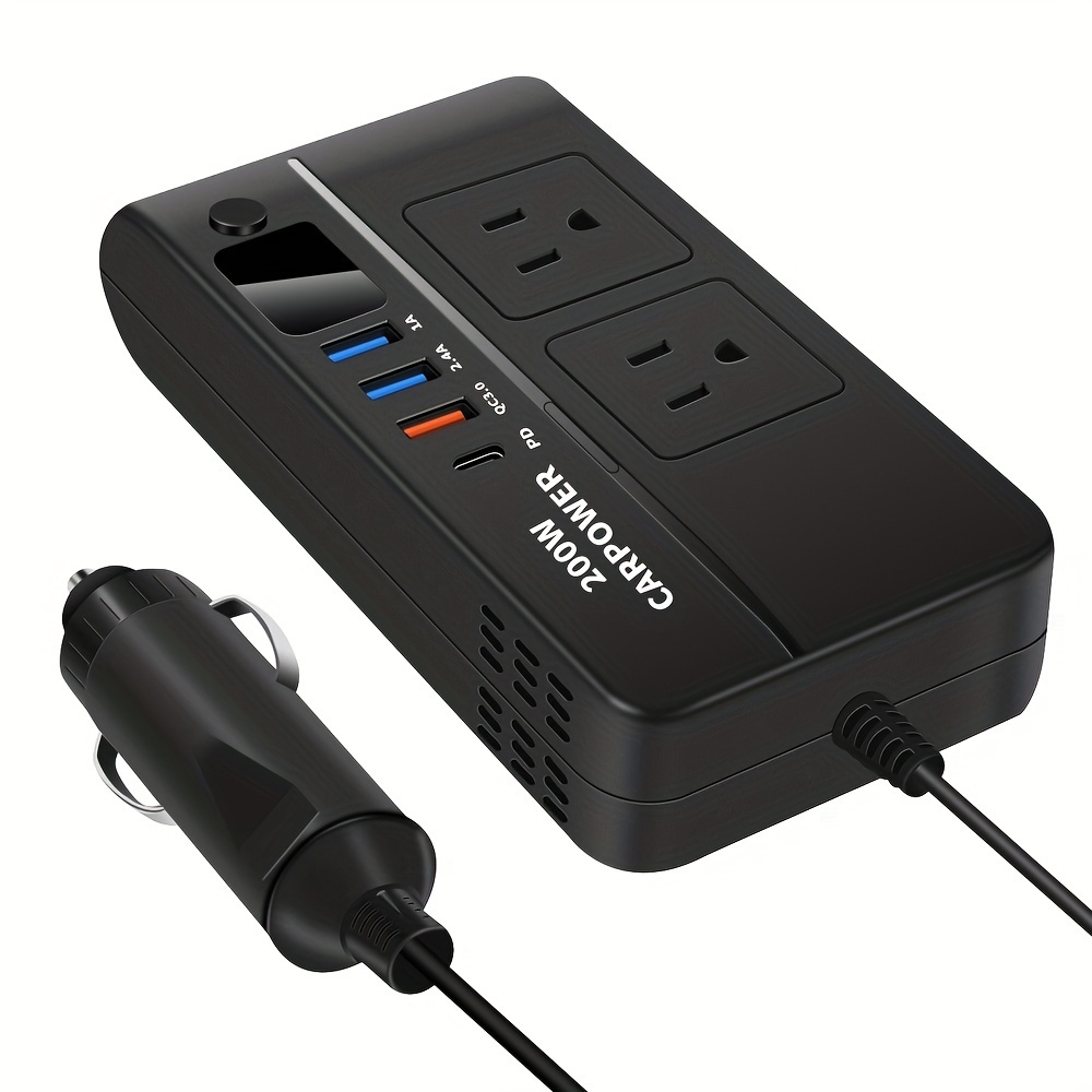 1pc 200W Car Inverter DC 12V To 110V AC Power Inverters For Vehicles With PD 20W USB-C, Yard Firm Dual USB Ports And QC3. 0 Fast Charging Ports Car Charger Adapter And With Cigarette Lighter Hole