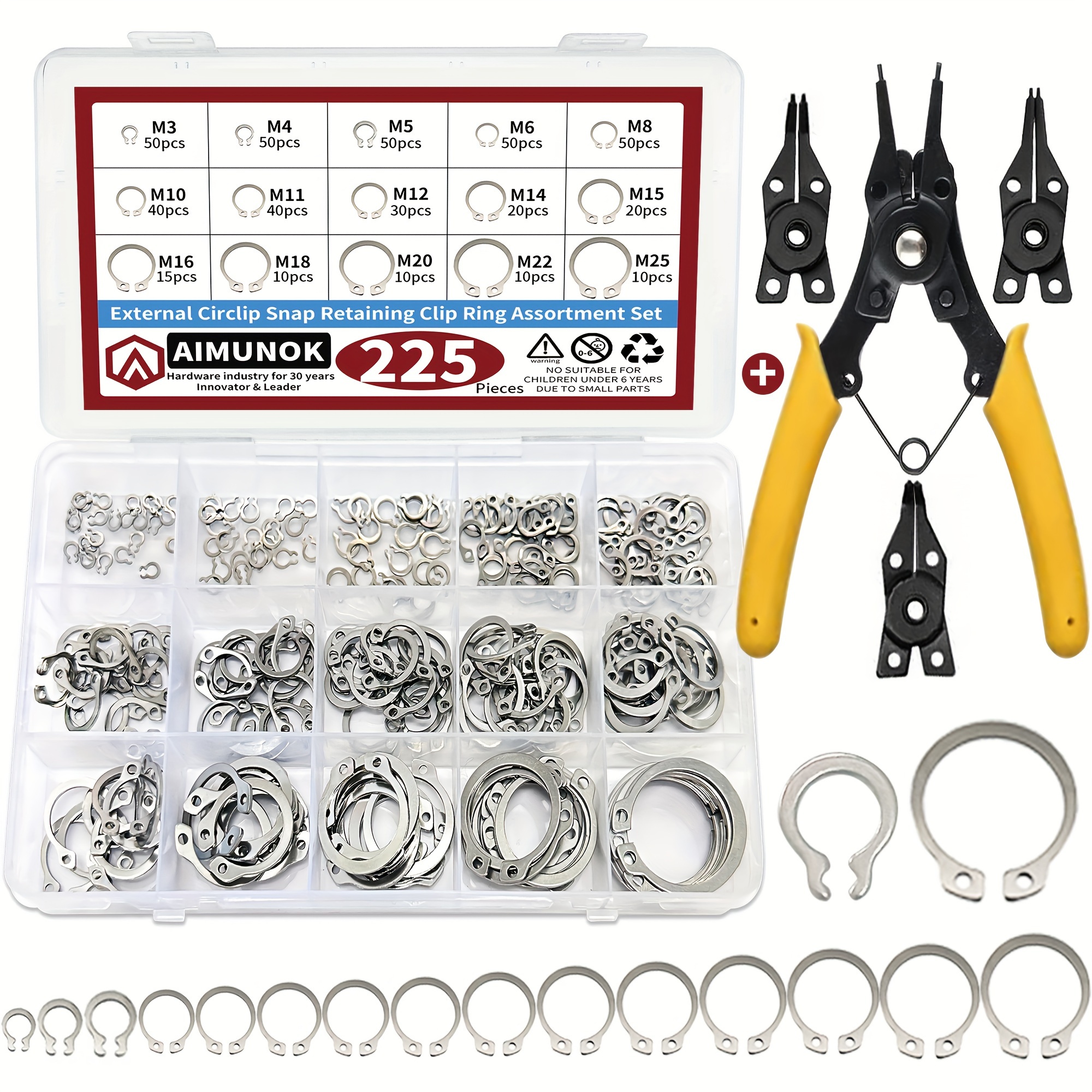 226pcs 4-in-1 Snap Ring Pliers Kit with 15 Sizes of External Retaining Rings, Yard Firm Snap Rings, and External Circlip Snap Rings Assortment Set