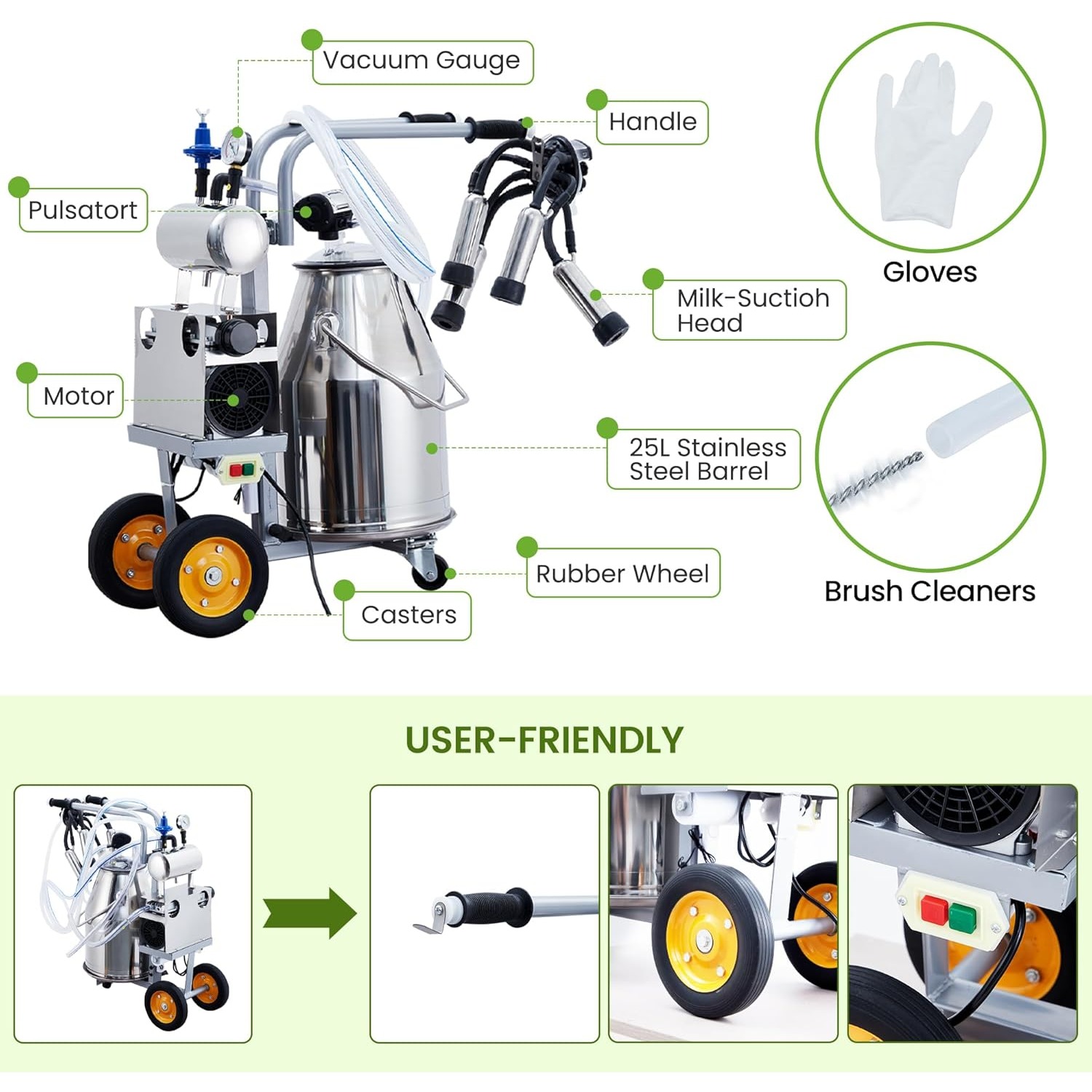 Professional-Grade Electric Cow Milking Machine - Yard Firm 550W Heavy-Duty Portable Milker with 25L/6.6 Gal Stainless Steel Bucket, 55KPA & Pulsator System, Auto-Cleaning Brush Compatible for Dairy Cows & Goats (Farm,, Small/ Large
