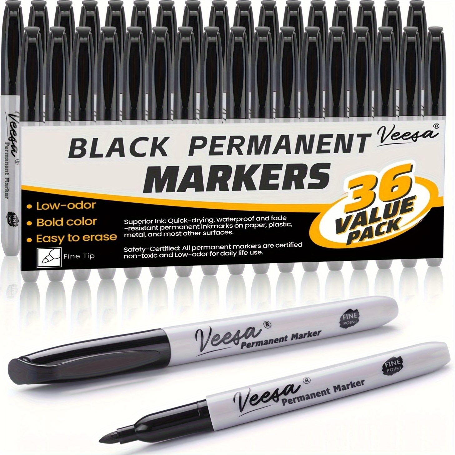 36pcs Black Permanent Markers, Heat Transfer Printing Our Veesa Brand, Yard Firm Imported Pen Tip&Ink, Finely Polished Pen Tip to Distinguish It from Ordinary Pen Tip, Waterproof, Anti Coating, Fast Drying, Suitable for Office And School Supplies