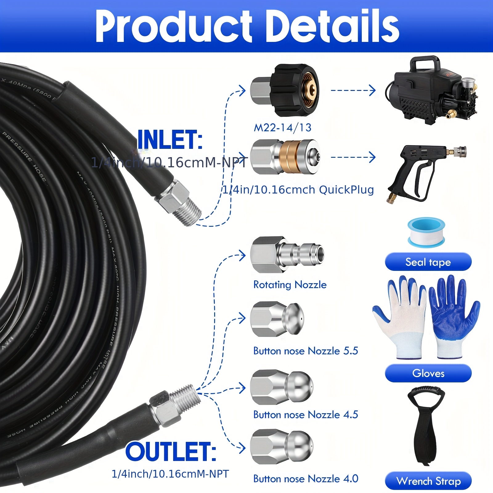100ft Sewer Jetter Kit for Pressure Washer 5800psi Drain Cleaner Hose 1/4 Inch Npt Corner Rotating And Button Nose Sewer Jetting Nozzle Pearl Corsage Pin Waterproof Tape Glove Strap Spanner, Sewer Line Maintenance, Drain Cleaning Solution, Jet Nozzles Kit, Pressure Washer Accessory, Compact Jet Nozzles, Ergonomic Jetter Grip, Durable Plastic Construction, Waterproof Components