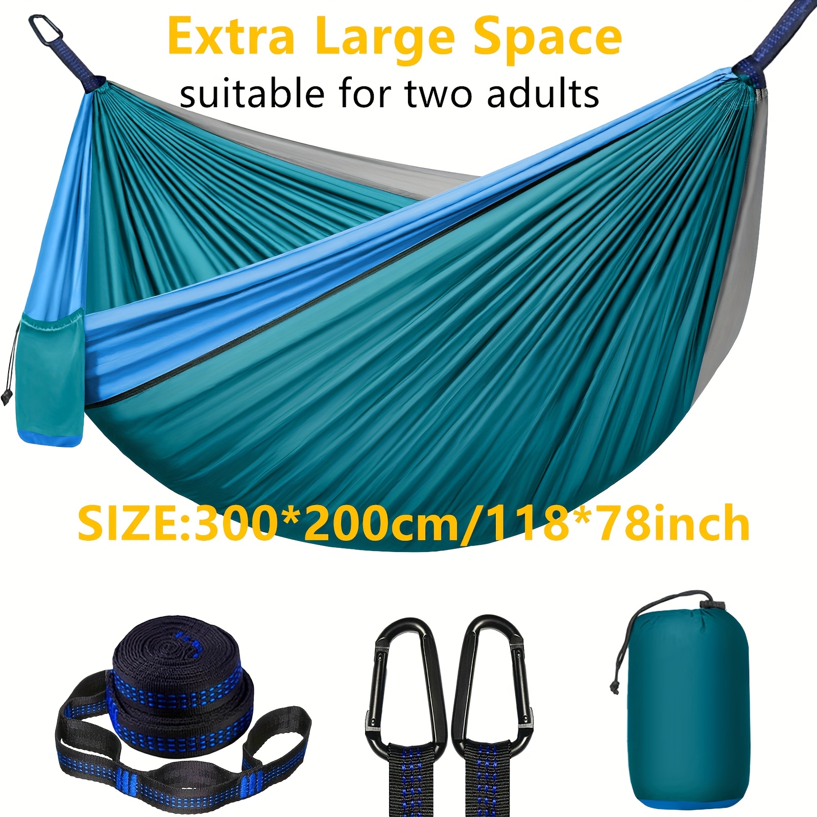 Extra Large Double Camping Hammock, 118.11inch x 78.74inch (118.11*78.74inch), Includes Two 78.74inch Tree Straps, Two D-Shaped Stainless Steel Hooks, and a Storage Bag with 8+1 Rings per Strap, Portable Hammock Made of 210T Nylon Material. Easy to Install, Suitable for Camping