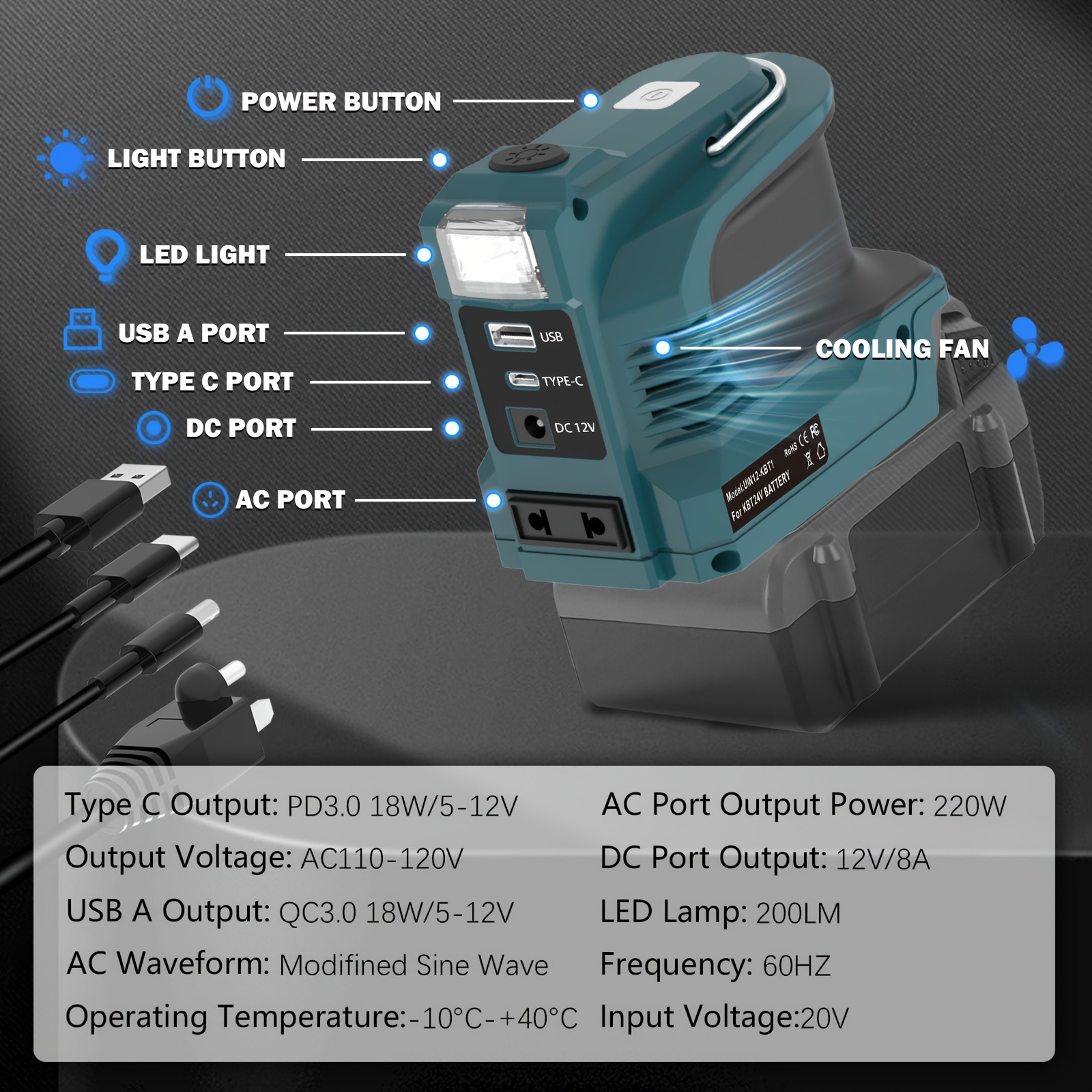 Kobalt 24V Battery Power Inverter 220W Heavy-Duty DC to AC Converter with USB/Type-C/AC Outlets & LED Light - Portable Power Station Charger Adapter for 20V Batteries, 110-120V AC Output, Over-Voltage/Over-Voltage/Over-Current/Over-Heat/Over-Temp Protection, Compact & Lightweight Design (Battery Not Included) - Ideal for Home, Camping, RV, Outdoor Use, Camping Electricity, Sleek Power Supply, Highefficiency Conversion, Durable Construction, Multifunctional Charger, Usb Power Supply