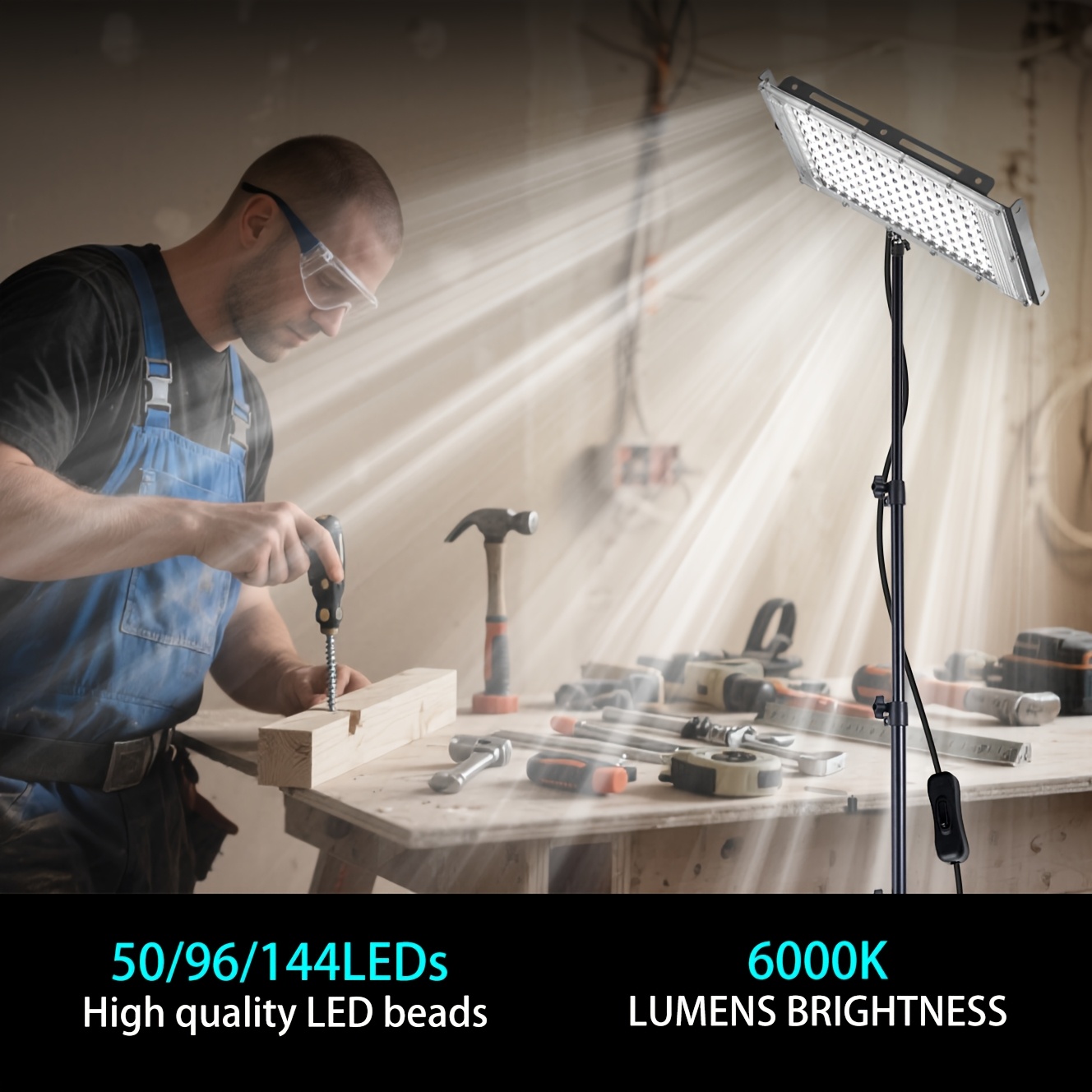 144/96/50LEDs USB-Powered Work Light with Foldable Tripod Stand, 6000K Brightness, 59.06inch/78.74inch Cord & Low Voltage (36V) - Portable Commercial Floodlight for Workshop, Garage, Job Site Indoor Use, Task Lighting, Compact Lighting, Durable Construction, Bright Illumination, DIY Enthusiasts