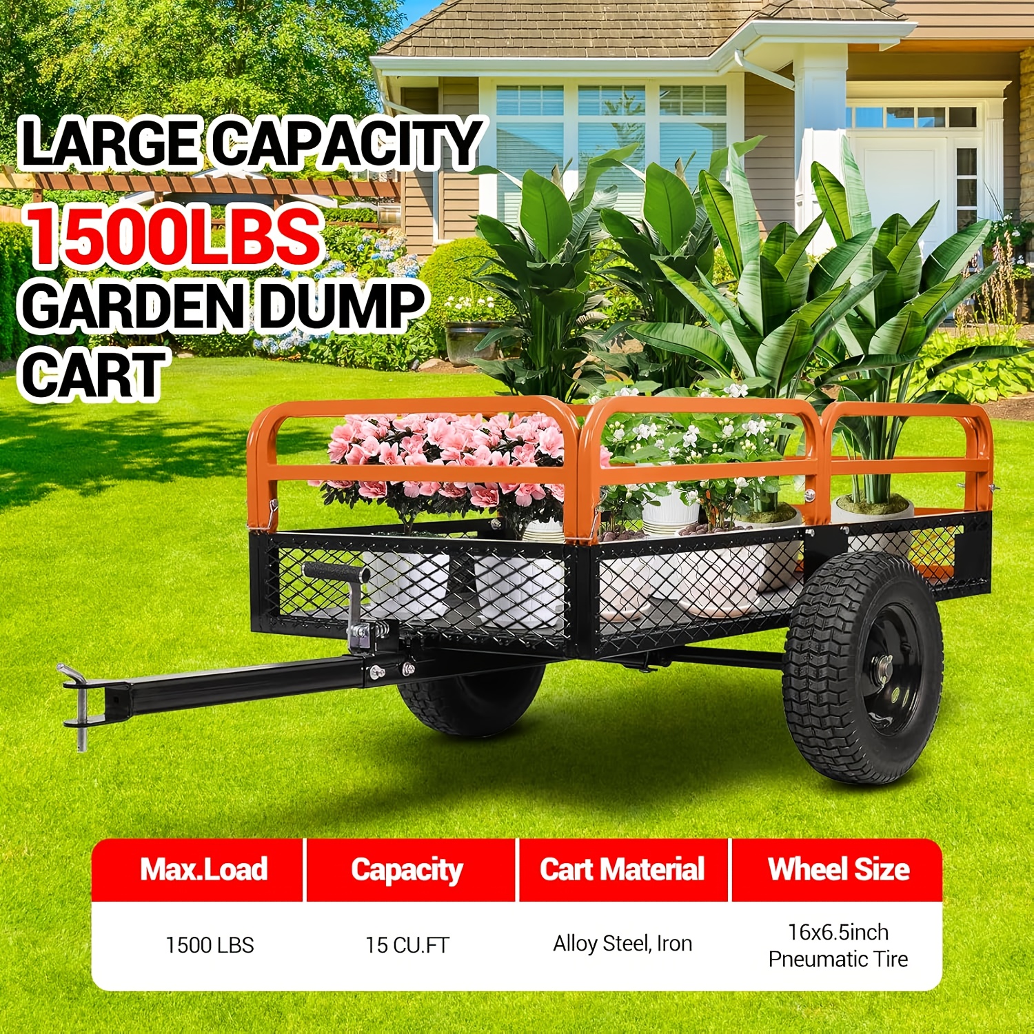 1500 lb Heavy-Duty Steel Dump Truck Trailer - 15 cu ft All-Terrain Utility Cart with Detachable Sides & Hand/Foot Dump, Yard Firm Hitch for ATV/UTV/Lawn Mower/Tractor, Reinforced Frame & Mesh Floor, Easy-Release Mechanism for Yard Work, Farm, Construction, Landscaping, Farm Hauling, Construction Hauling, Rugged Design, Durable Build, Property Maintenance - Image 6