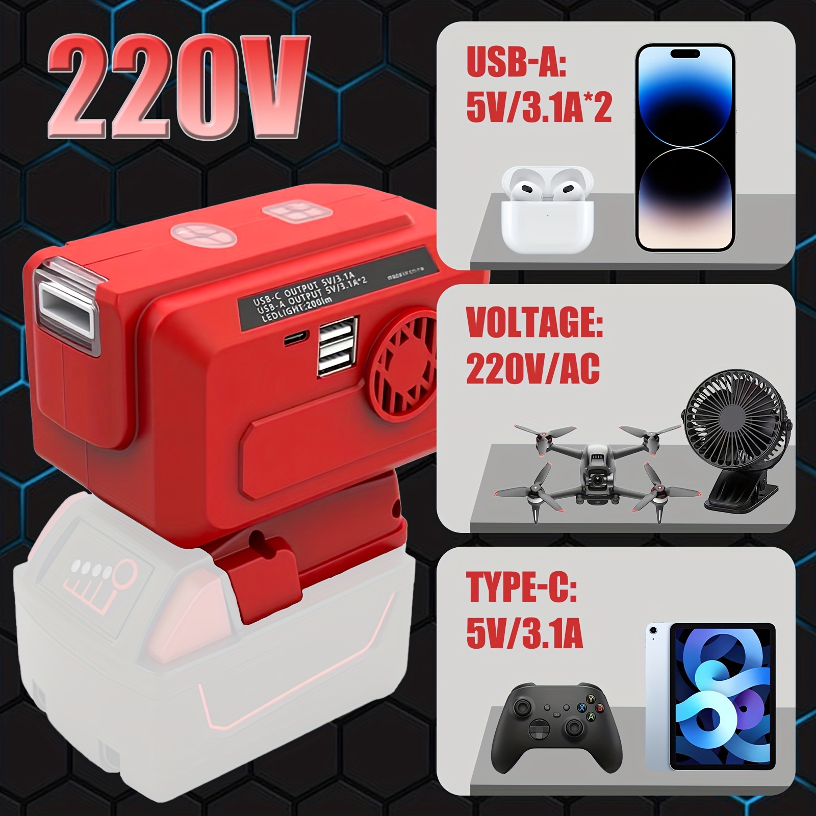 200W Portable Power Inverter 12V/24V/18-21V Battery to 230V AC with Dual USB & Type-C Outlets, 200LM Emergency Flashlight, Compact Car Adapter for Camping, RV, Backup Power - Compatible with (No Inverter Dock Needed)