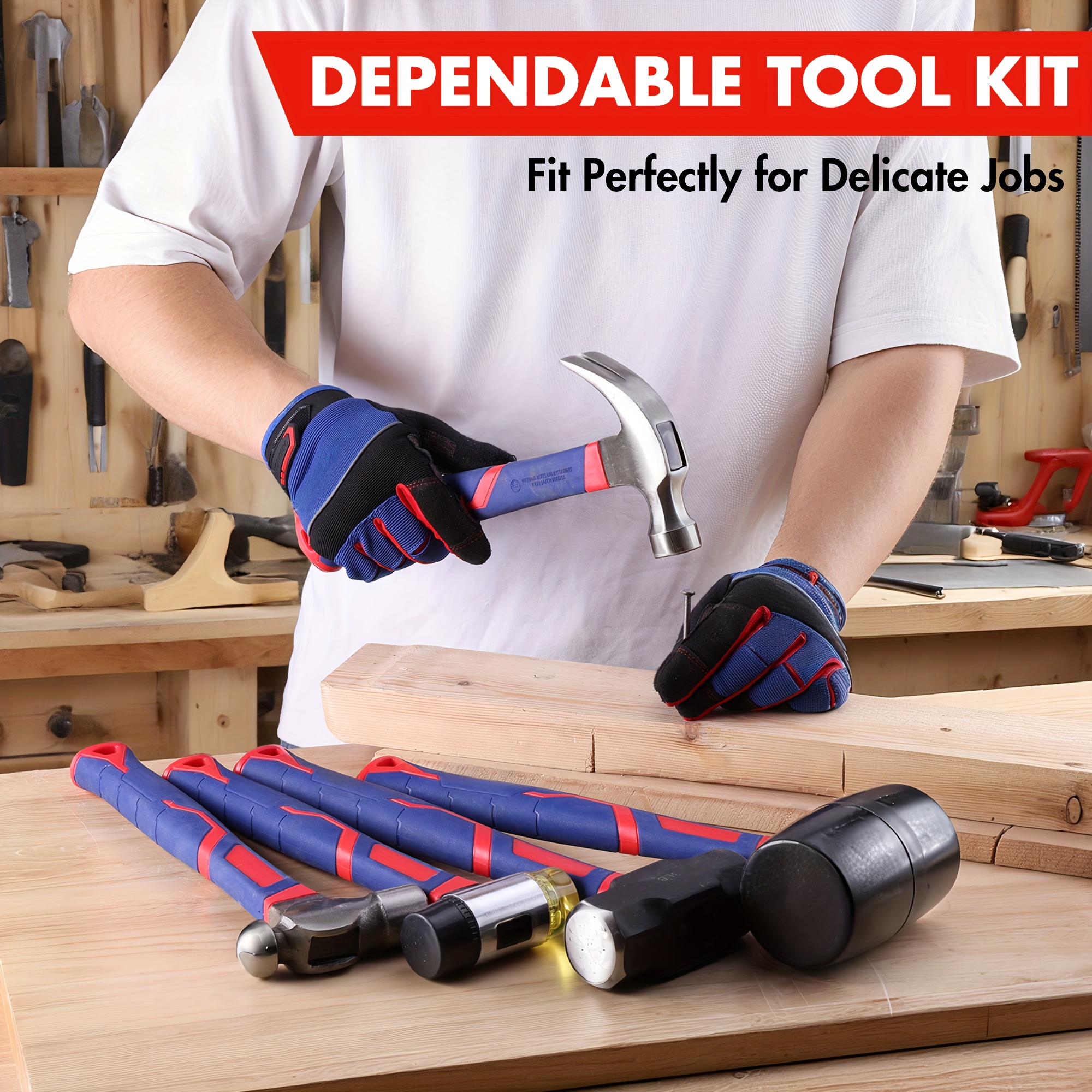 Set of Five Hammers Featuring Forged Steel Heads And Fiberglass Grips, Comprising a 32Oz Rubber Mallet, a 16Oz Claw Hammer, a Ball Peen Hammer, a 3Lb Sledgehammer, And a 22Oz Dual-Face Mallet.