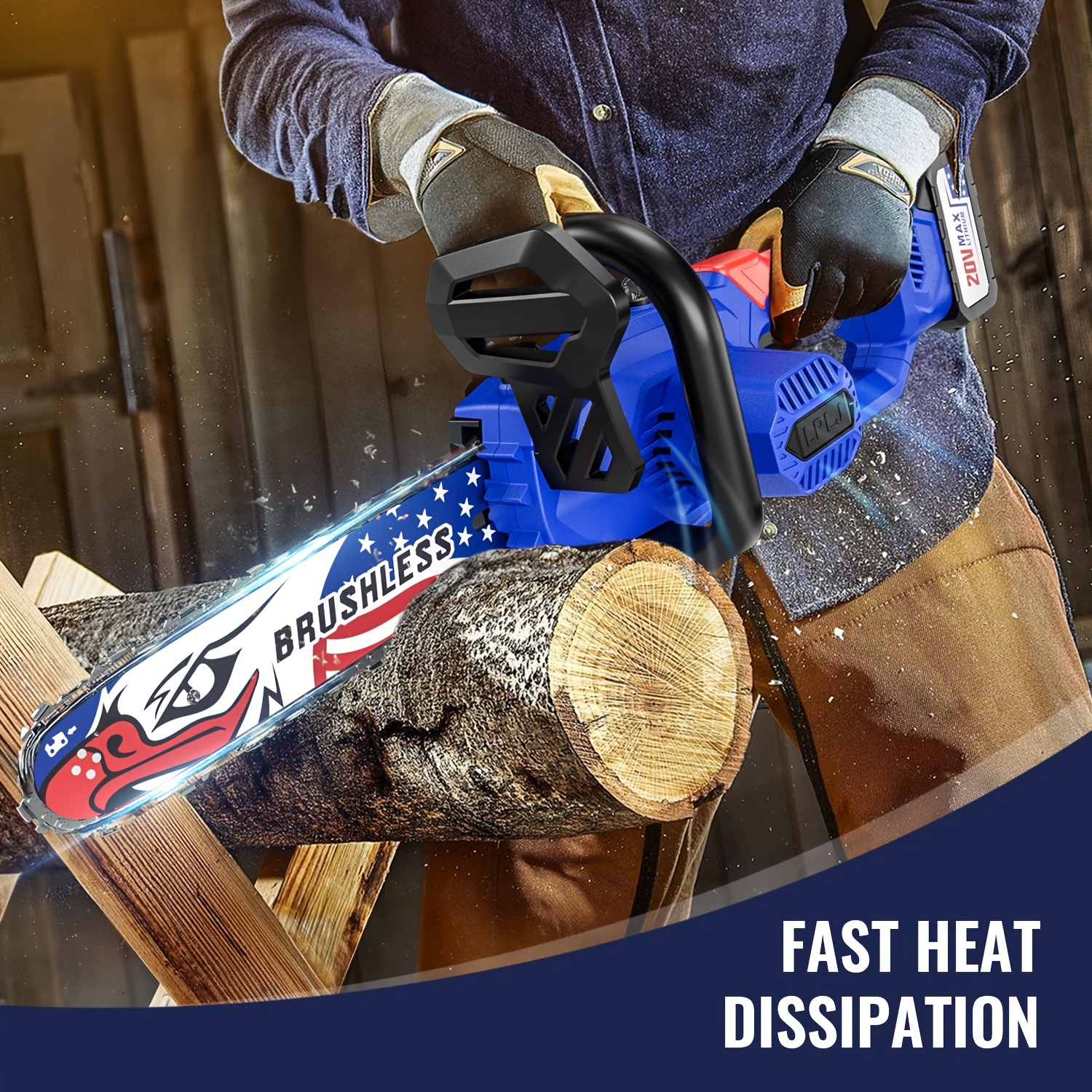 12-Inch Cordless Chainsaw with 20V Brushless Motor & 2x4.0Ah Batteries - Lightweight Handheld Saw for Wood Cutting, Branch Pruning, Gardening - Fast Charger & Safety Lock - Perfect Father's Day/Christmas Gifts for Men/Dad, Wood Cutting Tools, Patriotic Tool Design, Sturdy Metal Construction, DIY Woodworking, Compact Design, Highperformance Motor, Home Gardeners, Best for Christmas