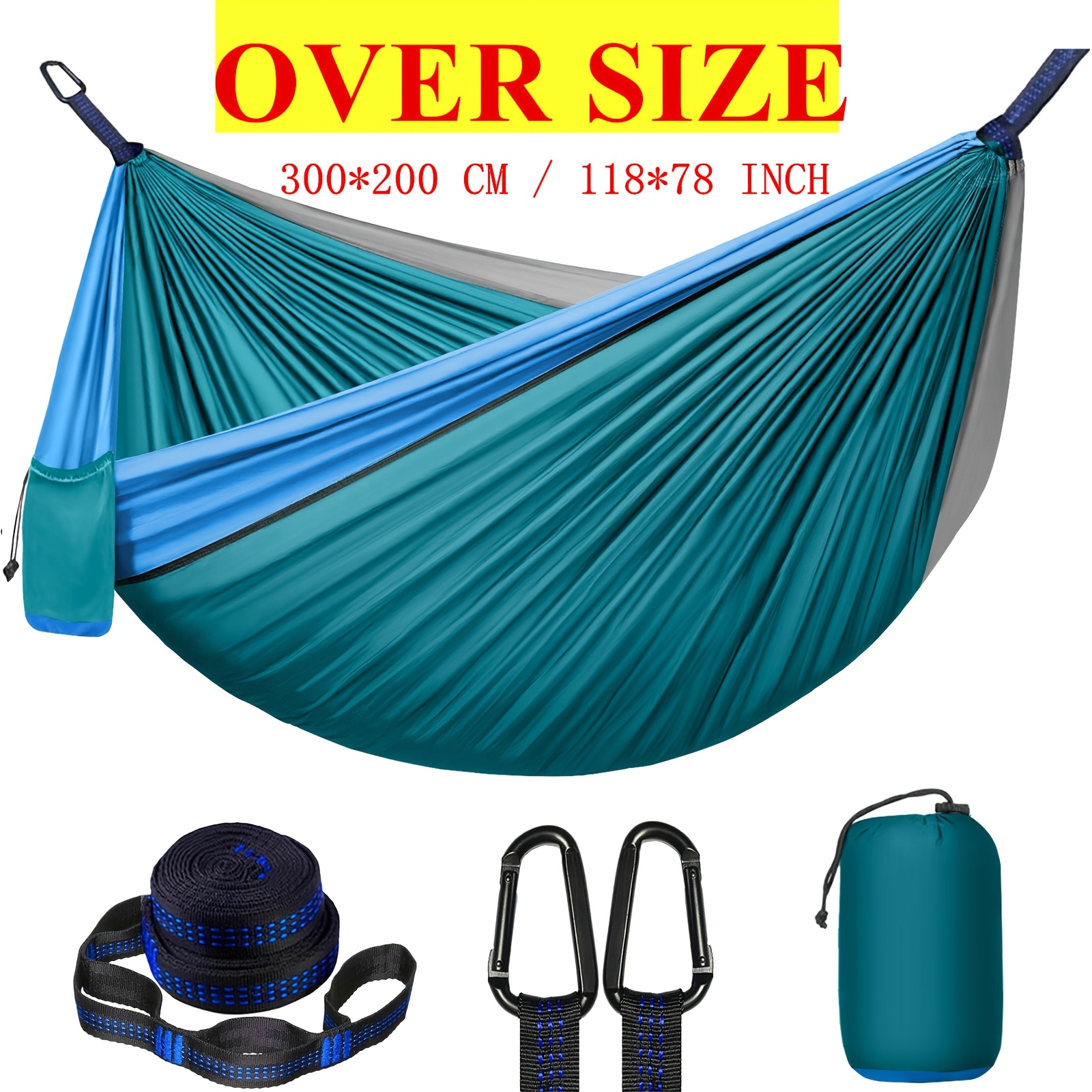 Extra Large Double Camping Hammock, 118.11inch x 78.74inch (118.11*78.74inch), Includes Two 78.74inch Tree Straps, Two Yard Firm D-Shaped Stainless Steel Hooks, and a Storage Bag with 8+1 Rings per Strap, Portable Hammock Made of 210T Nylon Material. Easy to Install, Suitable for Camping