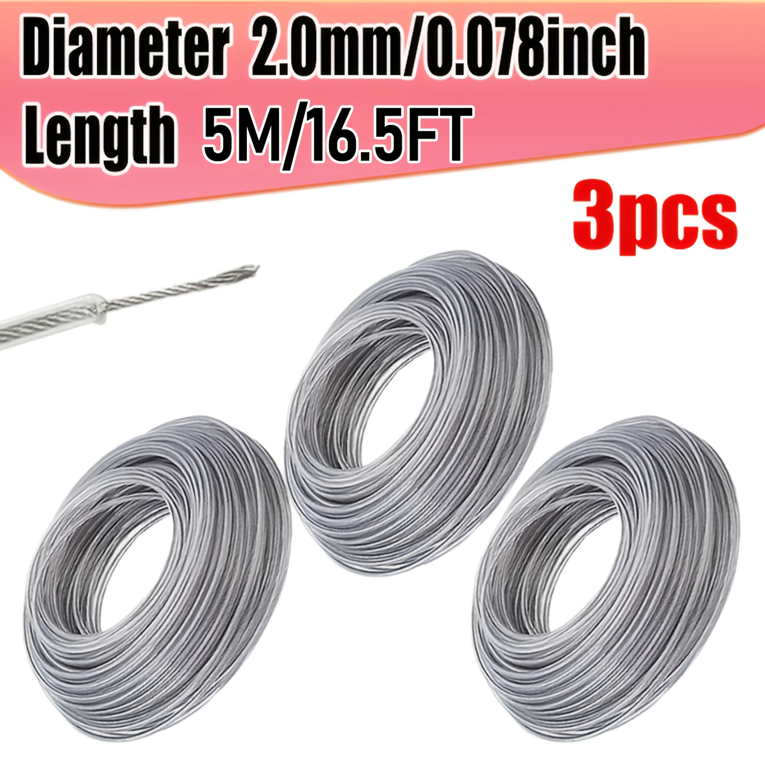 3pcs Steel Wire Core Nylon Trimmer Line, 5/10m (16.40/32.8ft) - 2.0/2.7/3.5mm Diameter, Durable Lawn Mower Cord Replacement for Brushcutter, High-Efficiency Grass Cutter String, Metal Material, Lawn Mower Accessories | Durable Lawn Cord | Metallic Finish