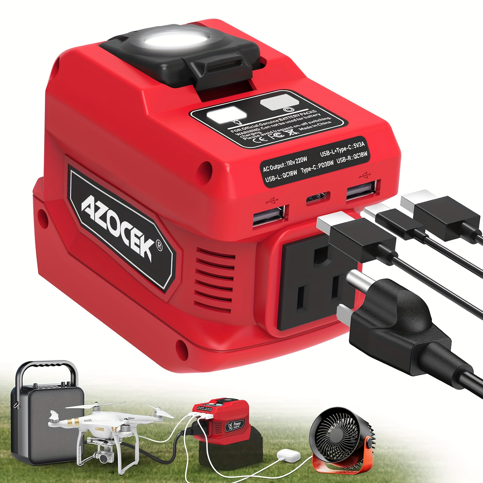 220W Portable Power Inverter For Milwaukee 18V Battery To 110V AC - Yard Firm Generato Battery Converter For Camping, Job Site, Car, Emergency W/ AC Outlet, 2 USB-A Ports &1 USB-C Fast Charging & 400LM LED Work Light.(Without Battery)