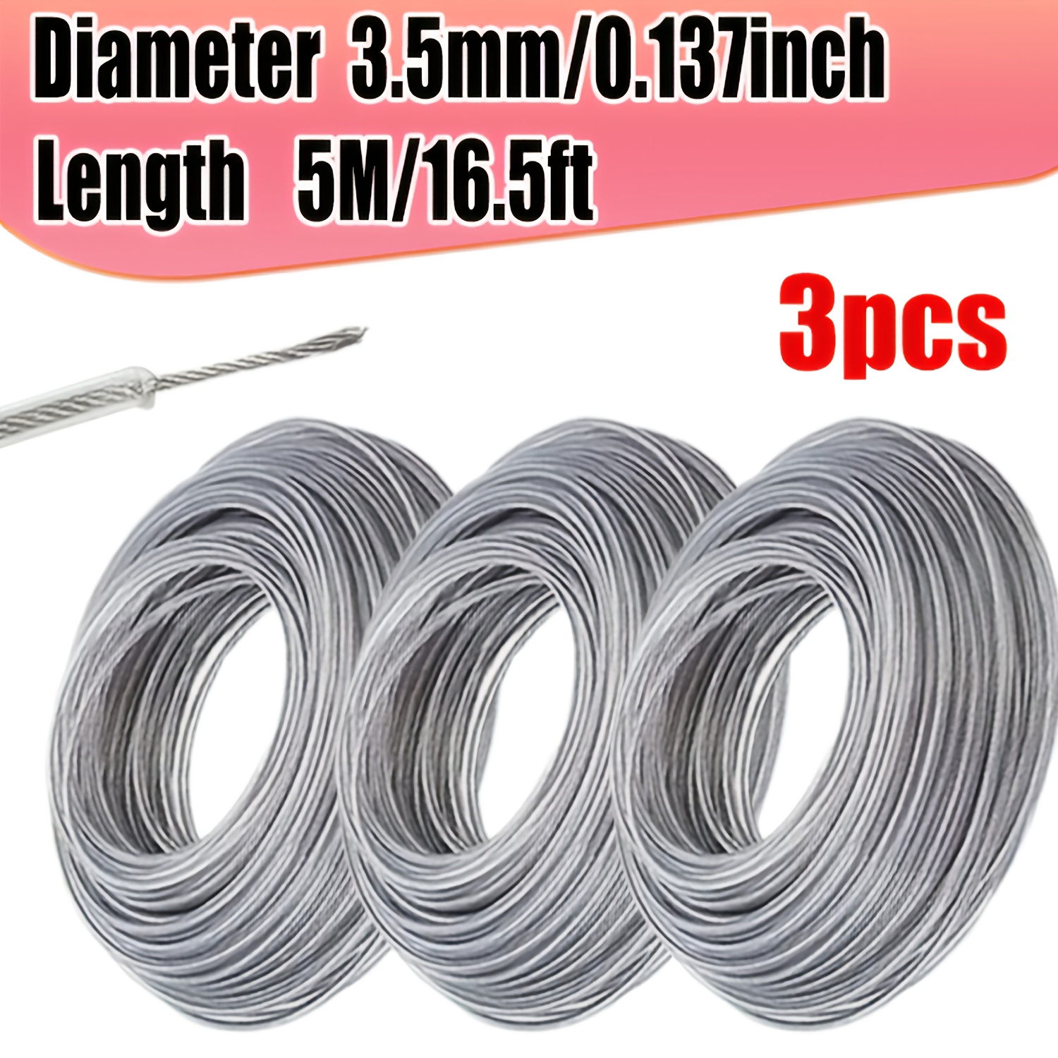 3pcs Steel Wire Core Nylon Trimmer Line, 5/10m (16.40/32.8ft) - 2.0/2.7/3.5mm Diameter, Durable Lawn Mower Cord Replacement for Brushcutter, High-Efficiency Grass Cutter String, Metal Material, Lawn Mower Accessories | Durable Lawn Cord | Metallic Finish