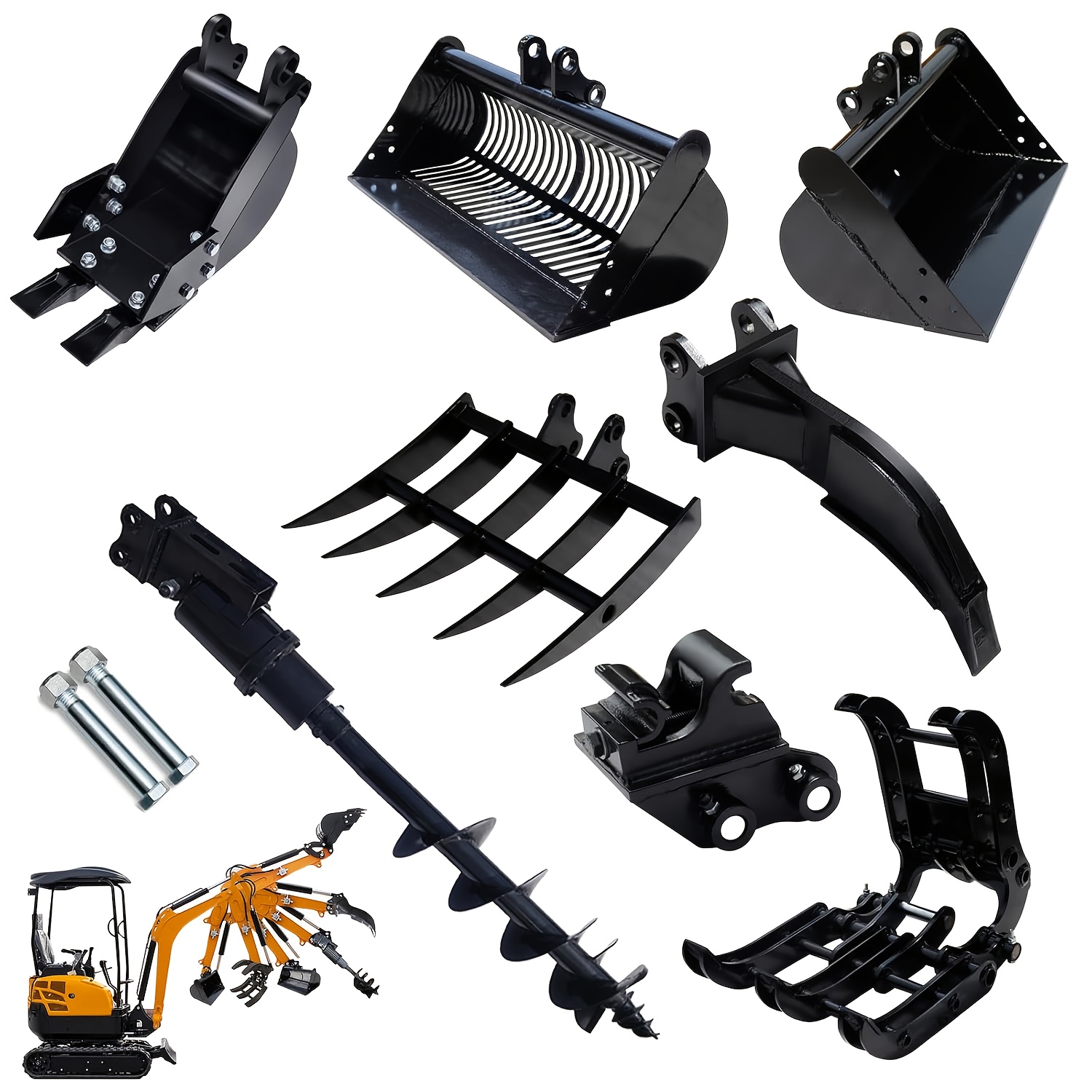 Mini Excavator Attachments 8pcs with Narrow Bucket, Ripper, Rake, Auger, Grapple, Quick Hitch, Screening Bucket for Small Digger, Mini Excavator Accessories Kit USA Yard Firm Stock - Image 12