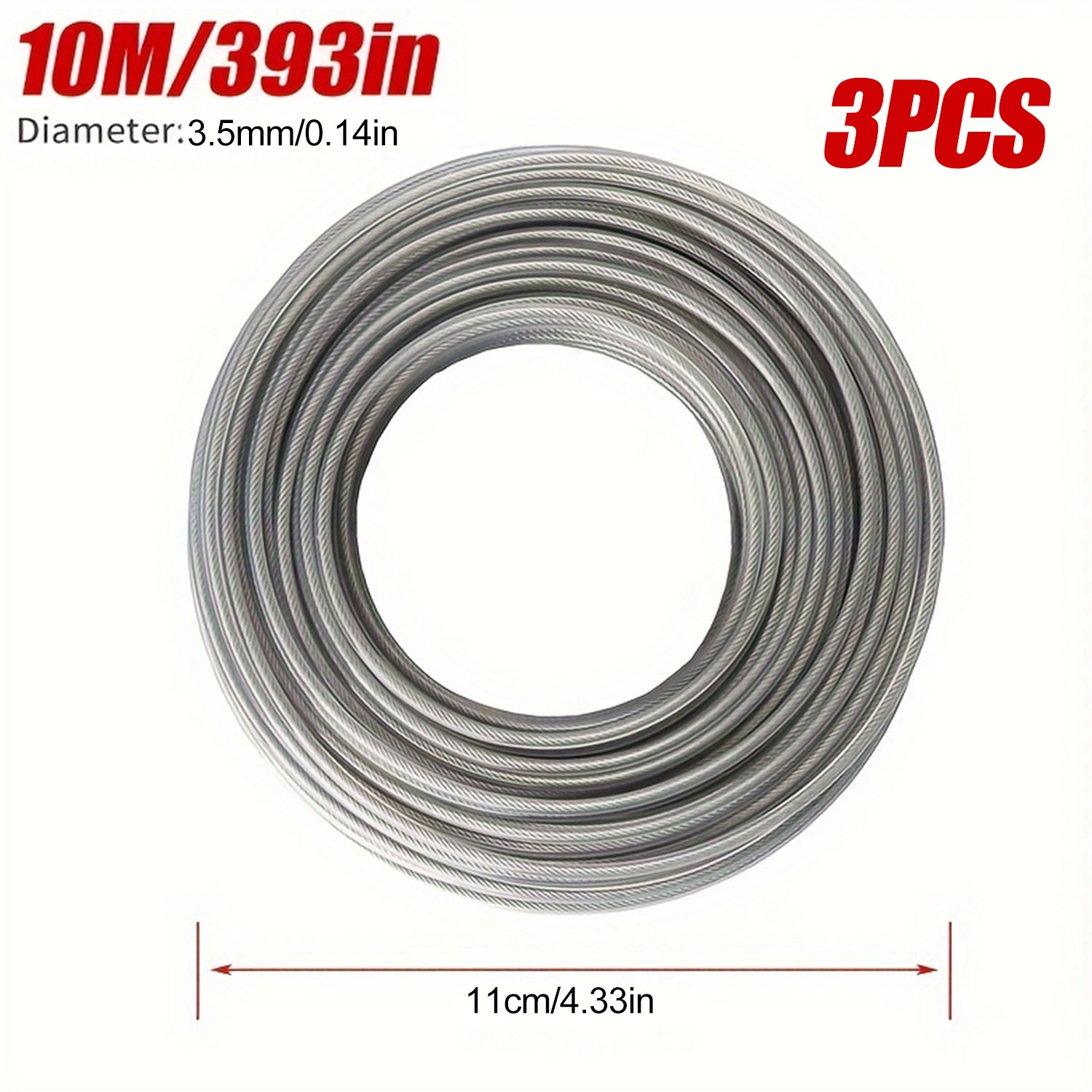 3pcs Steel Wire Core Nylon Trimmer Line, 5/10m (16.40/32.8ft) - 2.0/2.7/3.5mm Diameter, Durable Lawn Mower Cord Replacement for Brushcutter, High-Efficiency Grass Cutter String, Metal Material, Lawn Mower Accessories | Durable Lawn Cord | Metallic Finish