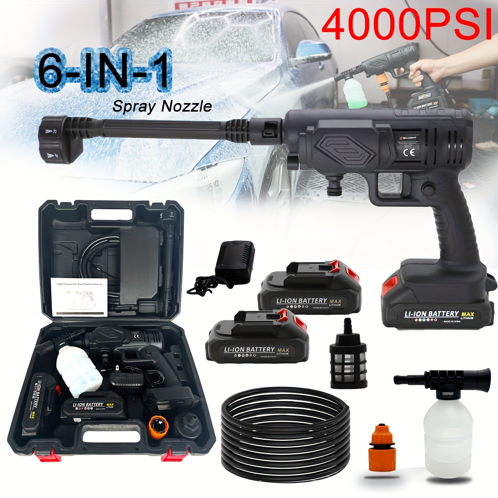 Cordless Pressure Washer, Car Washer - Portable, Rechargeable Electric Cleaning Tool With 4000 PSI Water Gun, Yard Firm Foam Cannon, 2 Rechargeable Batteries, Fast Charger For Easy Car Floor Washing, Exterior Cleaning, And Home And Garden Watering