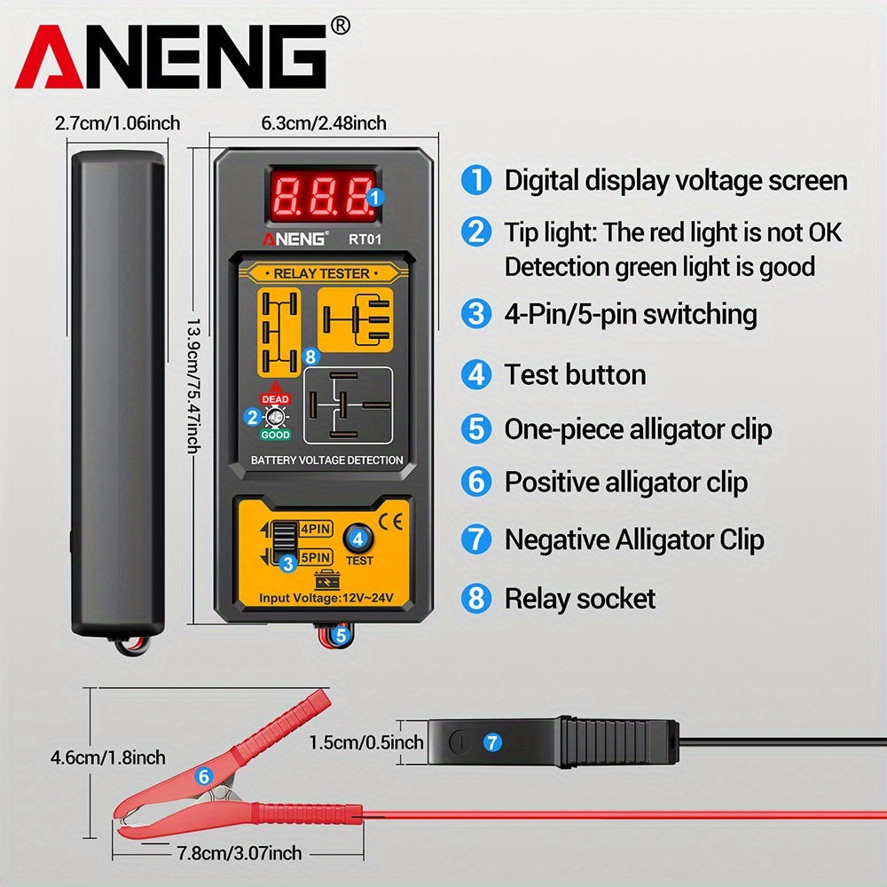 ANENG Automotive relay tester RT01 voltage detector digital display voltage battery 4/ 5-pin relay 12V-24V automotive battery inspection integrated design diagnostic tools No battery, Electrical Testing Tool, Easytouse Tool, Handheld Device, Durable Construction, Precision Instrument, Repair Professionals, Diy Enthusiasts - Image 8