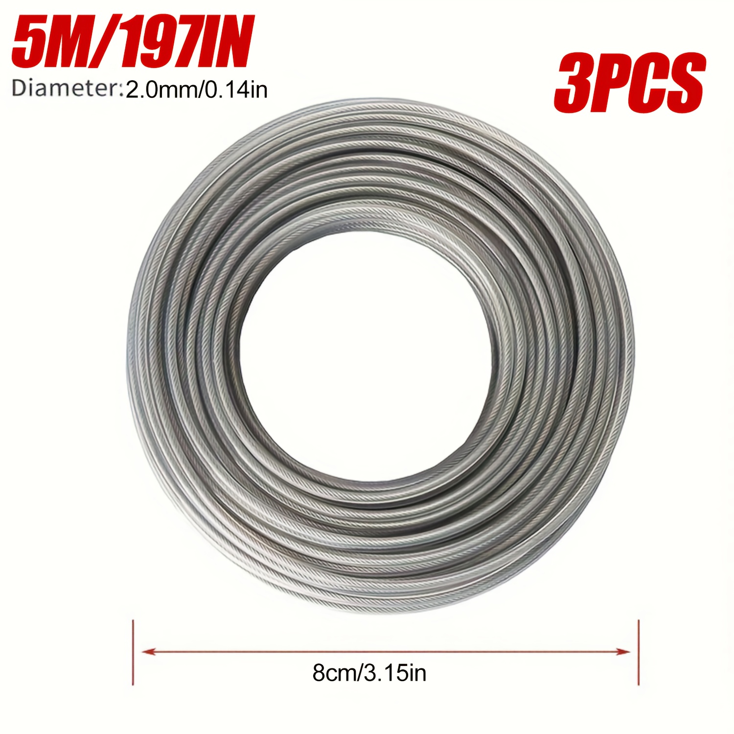 3pcs Steel Wire Core Nylon Trimmer Line, 5/10m (16.40/32.8ft) - 2.0/2.7/3.5mm Diameter, Durable Lawn Mower Cord Replacement for Brushcutter, High-Efficiency Grass Cutter String, Metal Material, Lawn Mower Accessories | Durable Lawn Cord | Metallic Finish