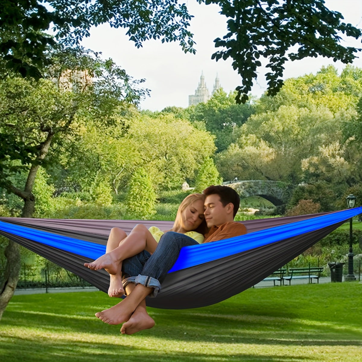 Extra Large Double Camping Hammock, 118.11inch x 78.74inch (118.11*78.74inch), Includes Two 78.74inch Tree Straps, Two Yard Firm D-Shaped Stainless Steel Hooks, and a Storage Bag with 8+1 Rings per Strap, Portable Hammock Made of 210T Nylon Material. Easy to Install, Suitable for Camping - Image 20