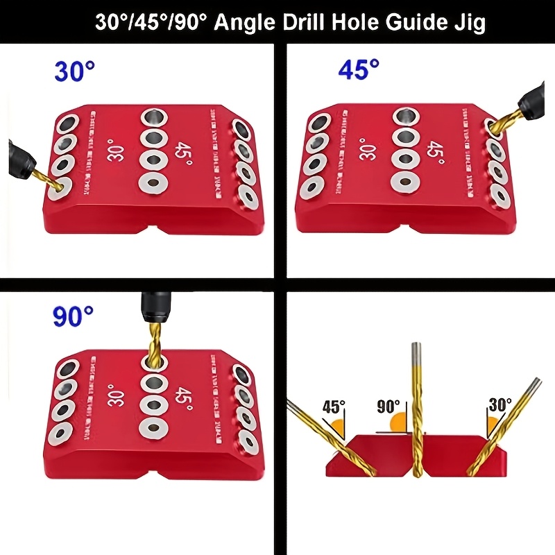 30/45/90 Degree Metal Drill Guide Jig, Red Aluminum Angled Drill Kit for Wood Post, Lag Screw, Railing, Deck, Stair Handrail, Durable All-Metal Construction