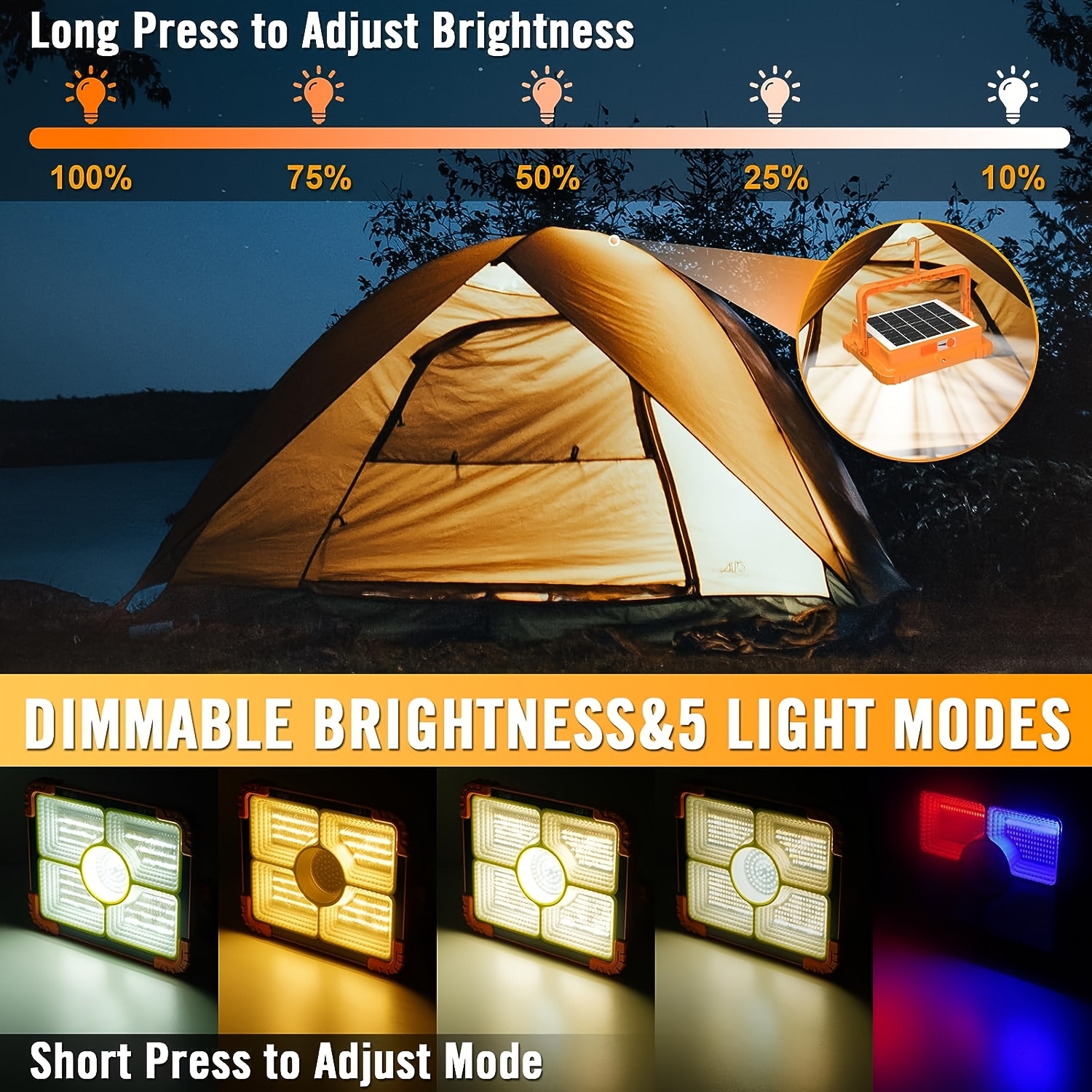 12000mAh Solar-Powered LED Work Light with 466 LED 10000LM Bright Light, 5-in-1 Power Bank, /DC//Off & Mode Switch, Over-Voltage/Over-Heat/Over-Current/Over-Temp, Portable Outdoor Lighting for Camping, Emergency, Construction, Workshop - Heavy-Duty Commercial/Residential Use, Orange & Black, -C Fast Charging, Solar Charging System Included, Solar Charger With Power Bank And Cor, Solar Light, Solar Sensor Light, Solar Panel Light, Solar Wall Light