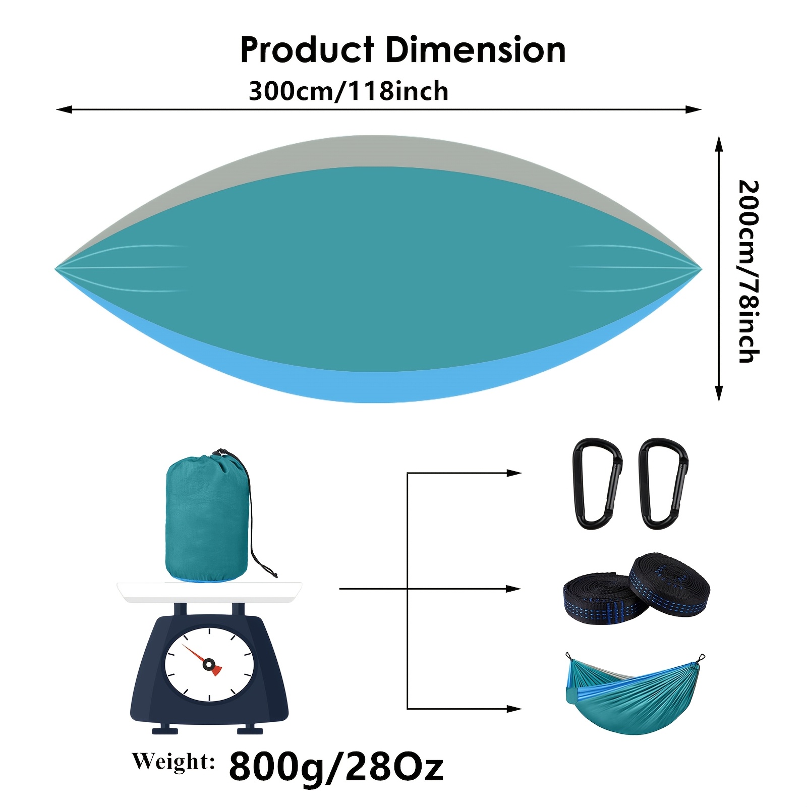 Extra Large Double Camping Hammock, 118.11inch x 78.74inch (118.11*78.74inch), Includes Two 78.74inch Tree Straps, Two D-Shaped Stainless Steel Hooks, and a Storage Bag with 8+1 Rings per Strap, Portable Hammock Made of 210T Nylon Material. Easy to Install, Suitable for Camping