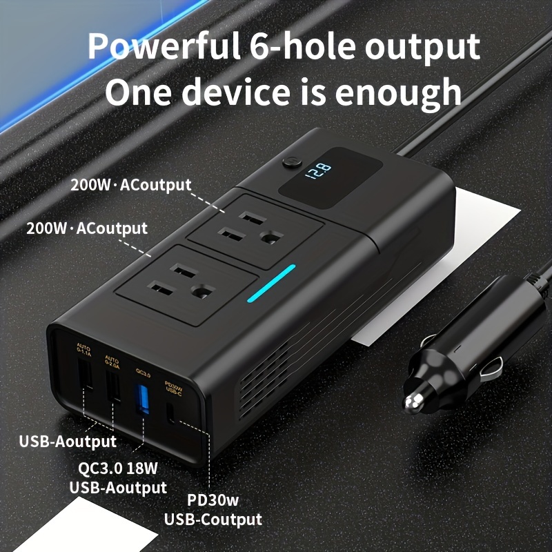 1pc 200W Car Power Inverter/Plug Adapter Outlet Charger DC 12V To 110V Inverter With 1.2A&2.4A USB, 1 QC3.0 USB And 1 Type C Ports