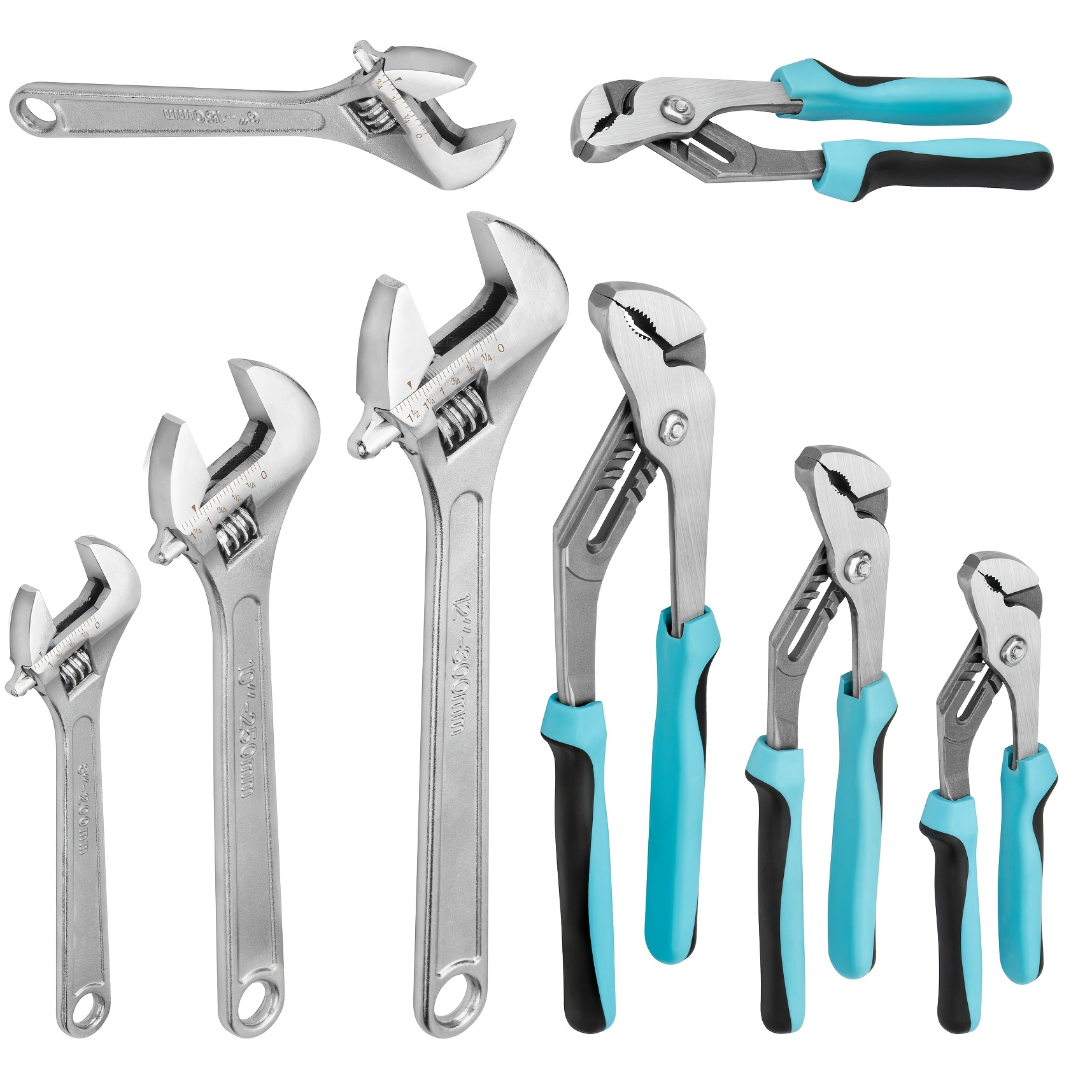 [Adjustable Wrench & Pliers Set] 8pcs Adjustable Wrench & Water Pump Pliers Yard Firm Set | 12/10/8/6 Inch, 4pcs Adjustable Tongue And Groove Joint Pliers And 4pcs Wide Jaw Forged Steel Wrench For Plumbing, Gripping, Auto Home Repair