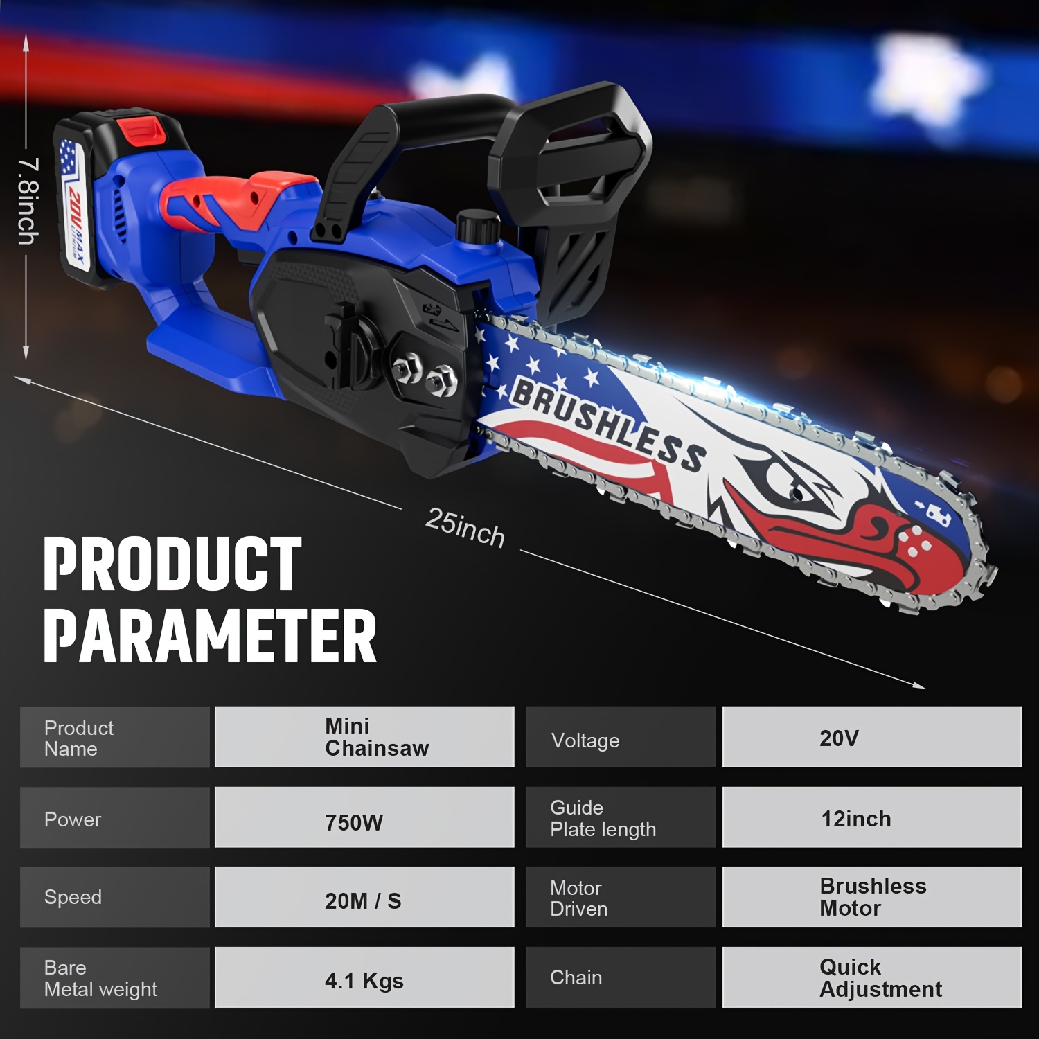 12-Inch Cordless Chainsaw with 20V Brushless Motor & 2x4.0Ah Batteries - Lightweight Handheld Saw for Wood Cutting, Branch Pruning, Gardening - Fast Charger & Safety Lock - Perfect Father's Day/Christmas Gifts for Men/Dad, Wood Cutting Tools, Patriotic Tool Design, Sturdy Metal Construction, DIY Woodworking, Compact Design, Highperformance Motor, Home Gardeners, Best for Christmas