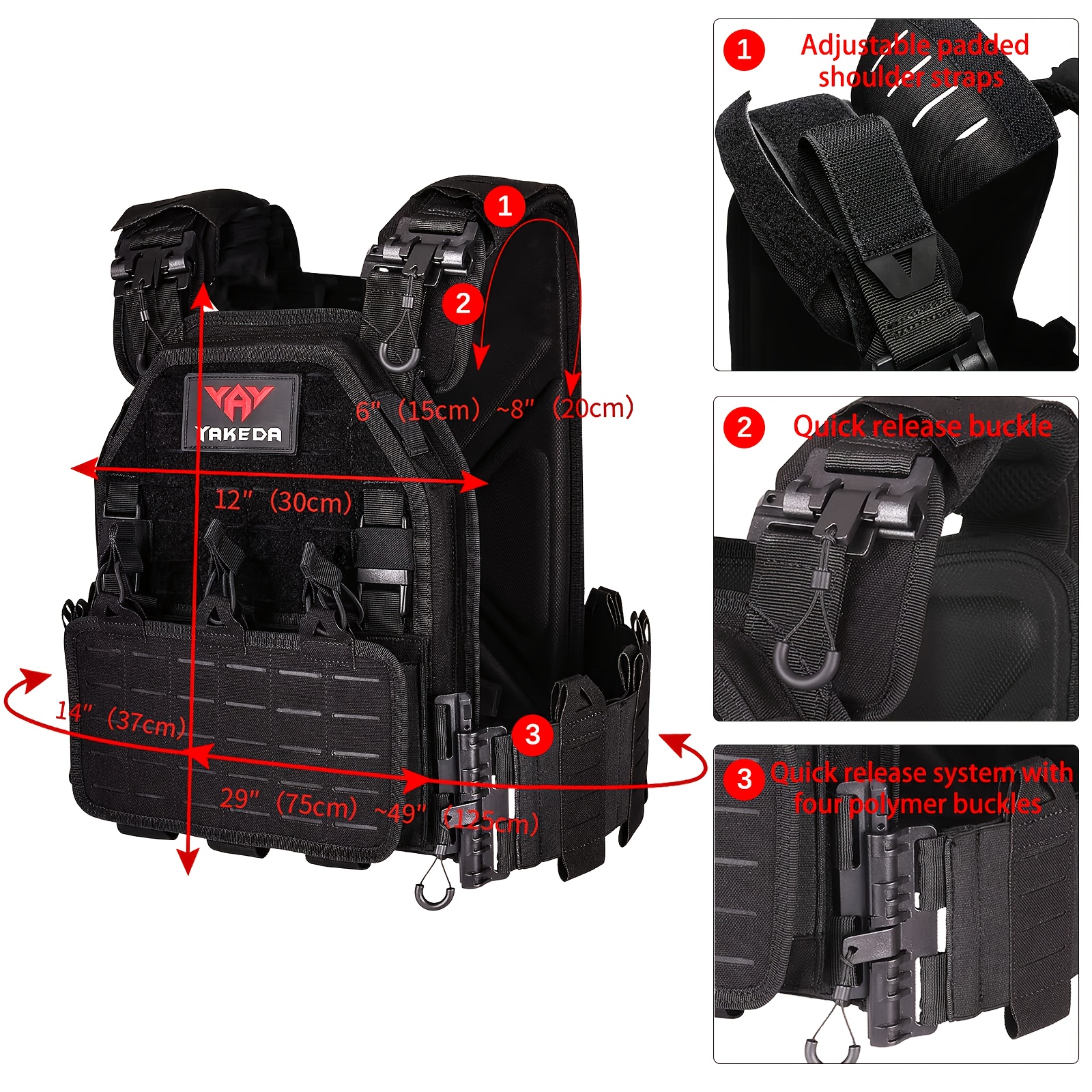 Yakeda 6094 Tactical Vest with PALS/MOLLE System, Multi-Pocket Design, Adjustable Straps & Quick-Release Buckle - Durable Nylon All-Season Black Vest for Running, Hiking, Hunting, Fishing, Festive Events (Adult Sizes), Hunting Gear Clothes, Running Accessory, Highstrength Material