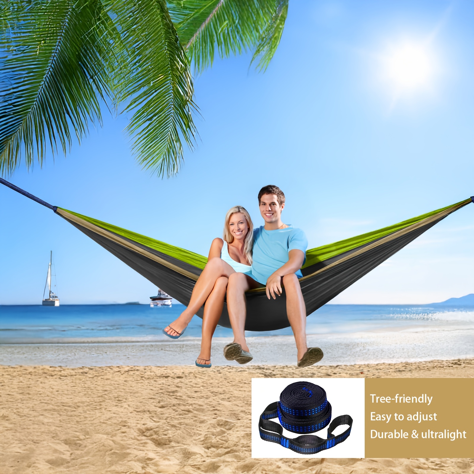 Extra Large Double Camping Hammock, 118.11inch x 78.74inch (118.11*78.74inch), Includes Two 78.74inch Tree Straps, Two Yard Firm D-Shaped Stainless Steel Hooks, and a Storage Bag with 8+1 Rings per Strap, Portable Hammock Made of 210T Nylon Material. Easy to Install, Suitable for Camping - Image 8