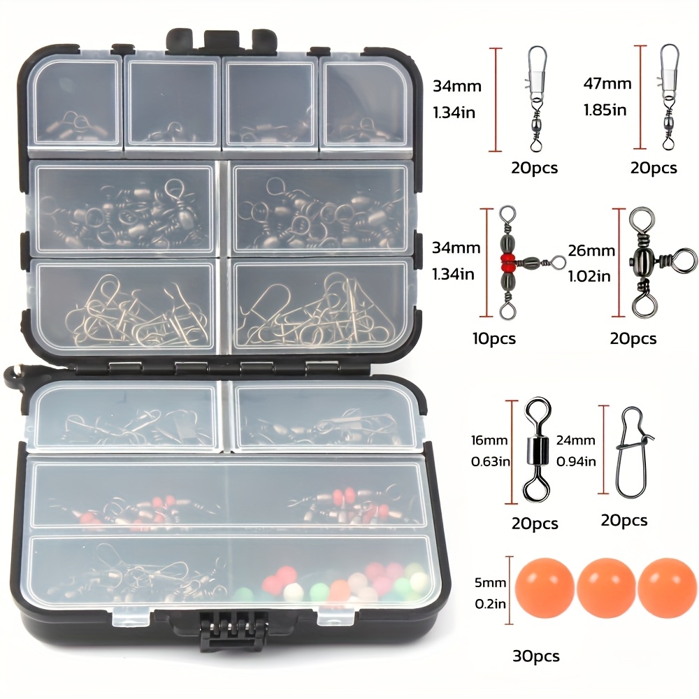 140pcs JSFUN Fishing Tackle Kit - Stainless Steel Swivels & Snaps with Floats, Assorted Shapes, Durable Black Box for Anglers, Includes 2 Swivels, 2 Floats, 2 Snaps, and 2 Hooks, Fishing Gear Essentials|Compact Storage Box|Durable Construction, Fishing Tackle Box